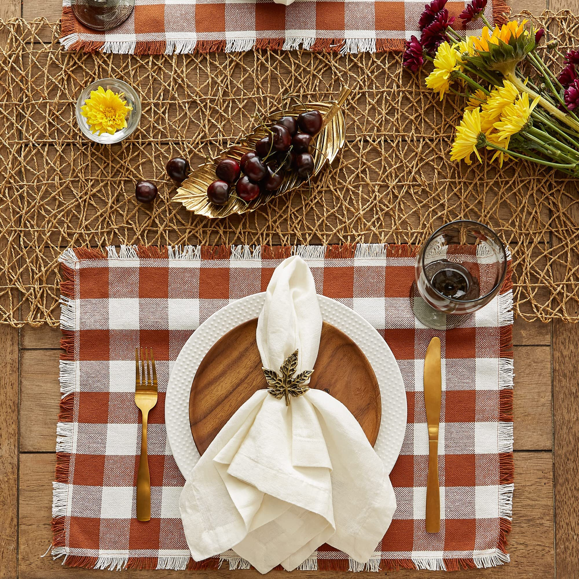 CINNAMON HEAVYWEIGHT CHECK FRINGED PLACEMAT SET/6