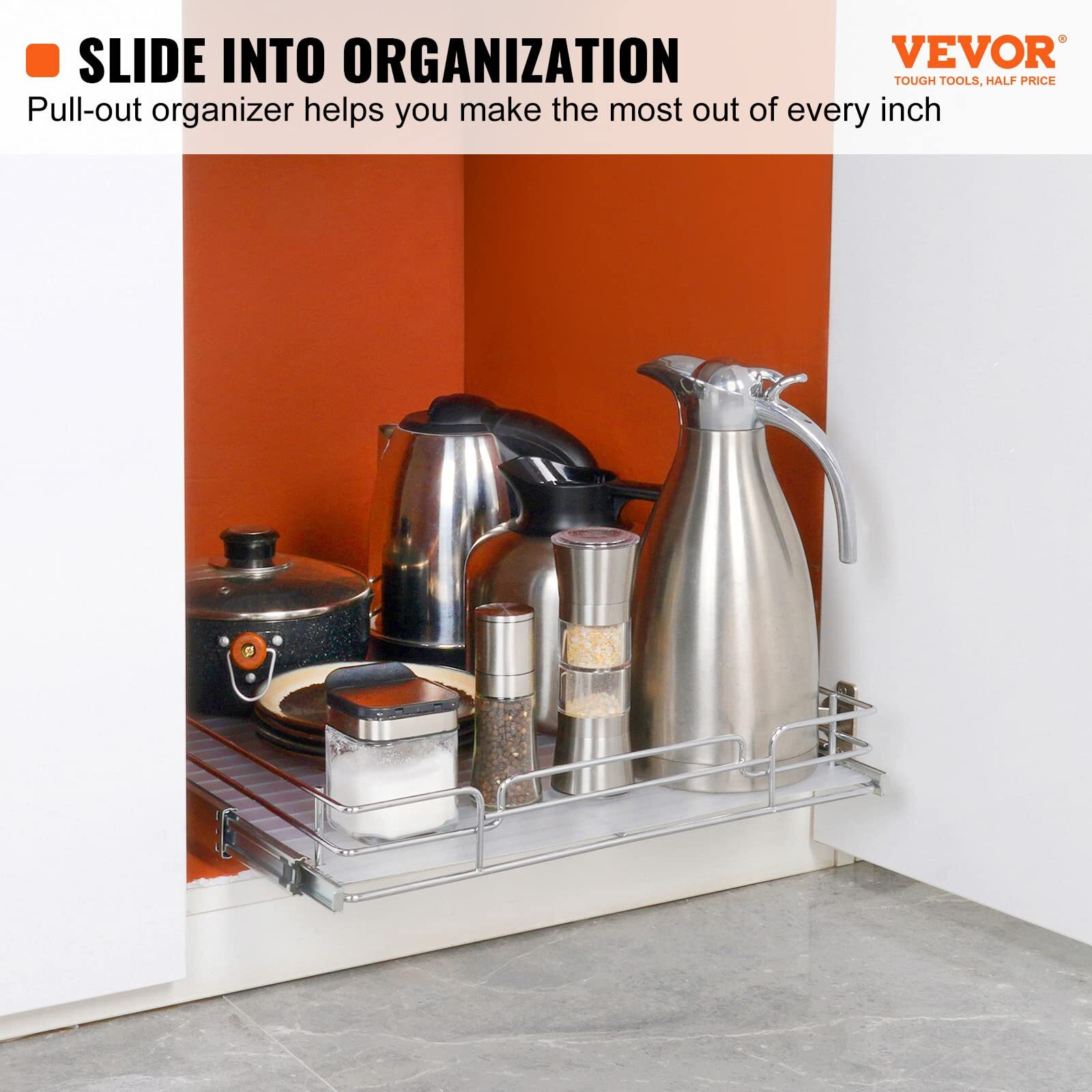 VEVOR 14&quotW x 21&quotD Pull Out Cabinet Organizer, Heavy Duty Slide Out Pantry Shelves, Chrome-Plated Steel Roll Out Drawers, Sliding Drawer Storage for Home, Inside Kitchen Cabinet, Bathroom, Under Sink