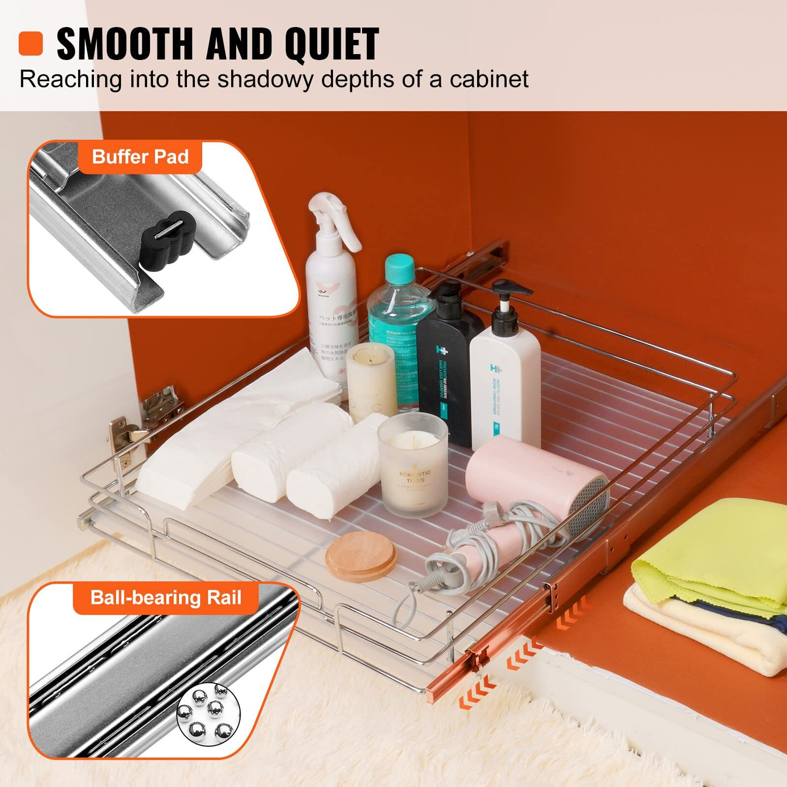 VEVOR 14&quotW x 21&quotD Pull Out Cabinet Organizer, Heavy Duty Slide Out Pantry Shelves, Chrome-Plated Steel Roll Out Drawers, Sliding Drawer Storage for Home, Inside Kitchen Cabinet, Bathroom, Under Sink