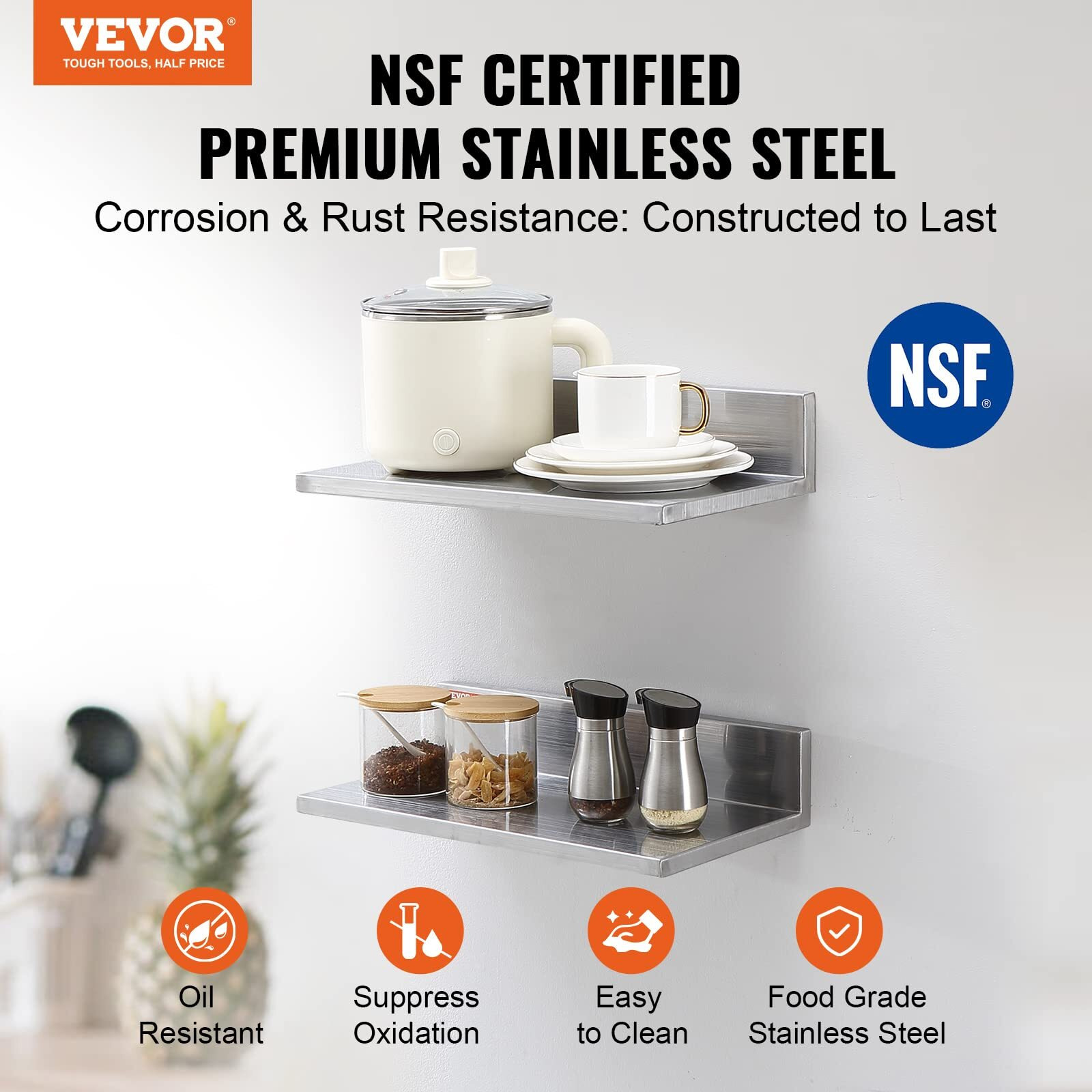 VEVOR 8.6" x 16" Stainless Steel Shelf, Wall Mounted Floating Shelving with Backsplash, 44 lbs Load Capacity Commercial Shelves, Heavy Duty Storage Rack for Restaurant, Bar, Home, and Hotel (2 Packs)