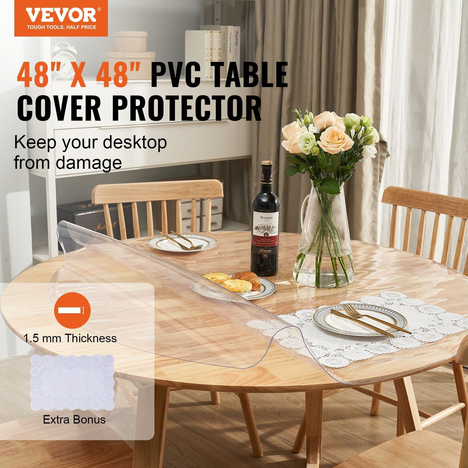 VEVOR Clear Table Cover Protector, 48 inch/1230 mm Round Table Cover, 1.5 mm Thick PVC Plastic Tablecloth, Waterproof Desktop Protector for Writing Desk, Coffee Table, Dining Room Table