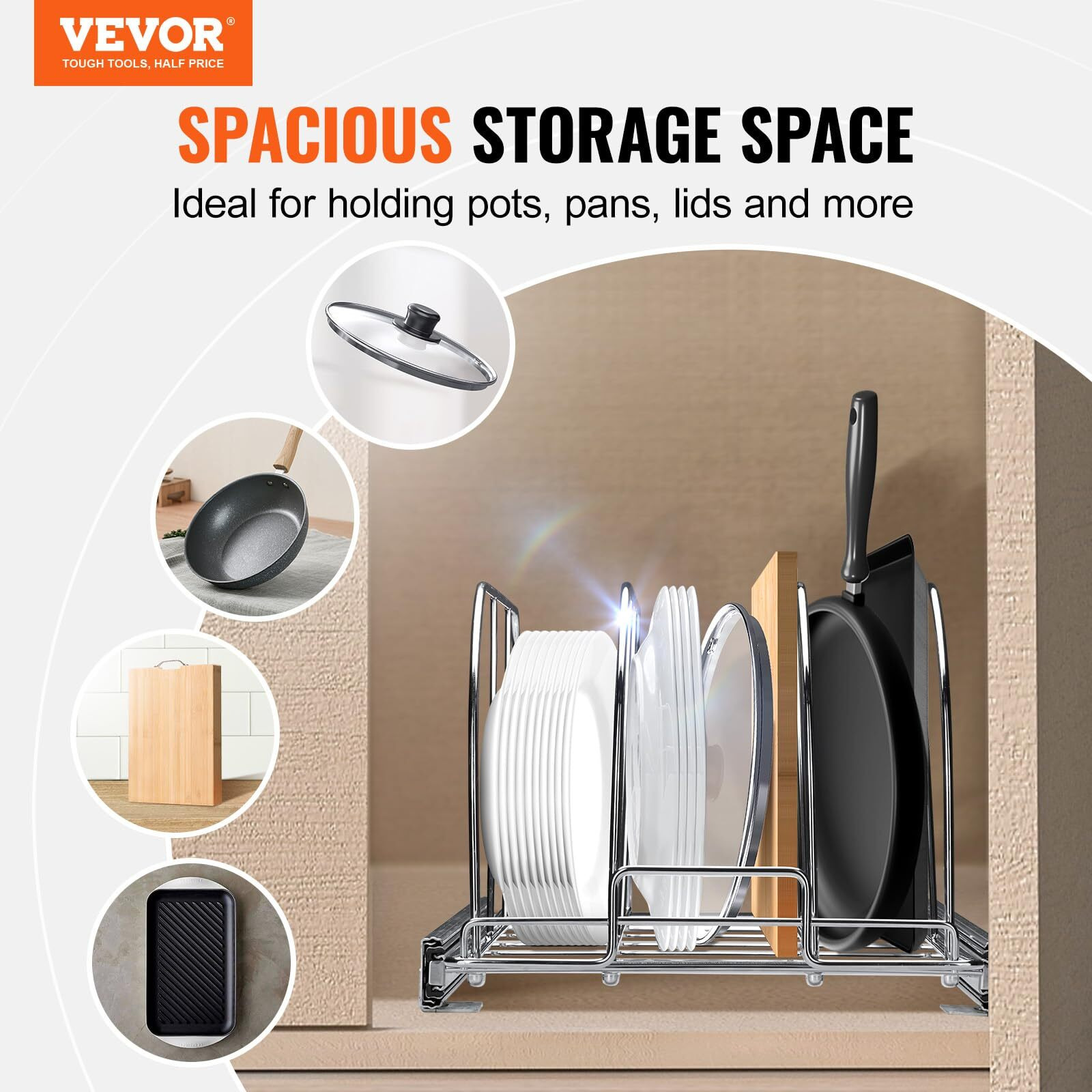 VEVOR Pan and Pot Rack, Expandable Pull Out Under Cabinet Organizer, Cookie Sheet Baking Pans tray Organization, Adjustable Wire Dividers, Steel Lid Holder for Kitchen Cabinet & Pantry Storage, 11.7&quotW