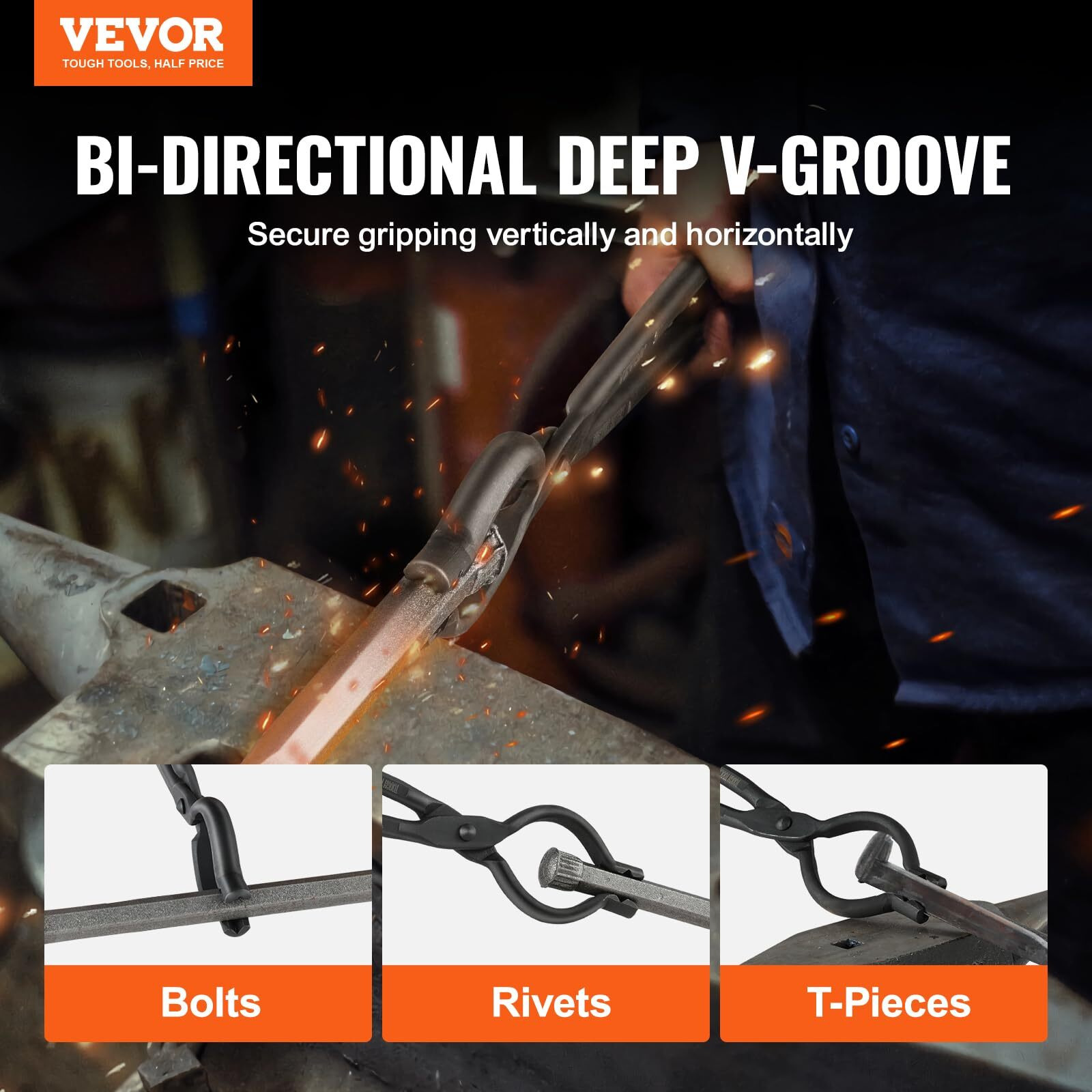 VEVOR Blacksmith Tongs, 18' V-Bit Bolt Tongs, Carbon Steel Forge Tongs with A3 Steel Rivets, for Long, Irregular, and Nail-shaped Forgings, for Beginner and Seasoned Blacksmiths and Bladesmiths