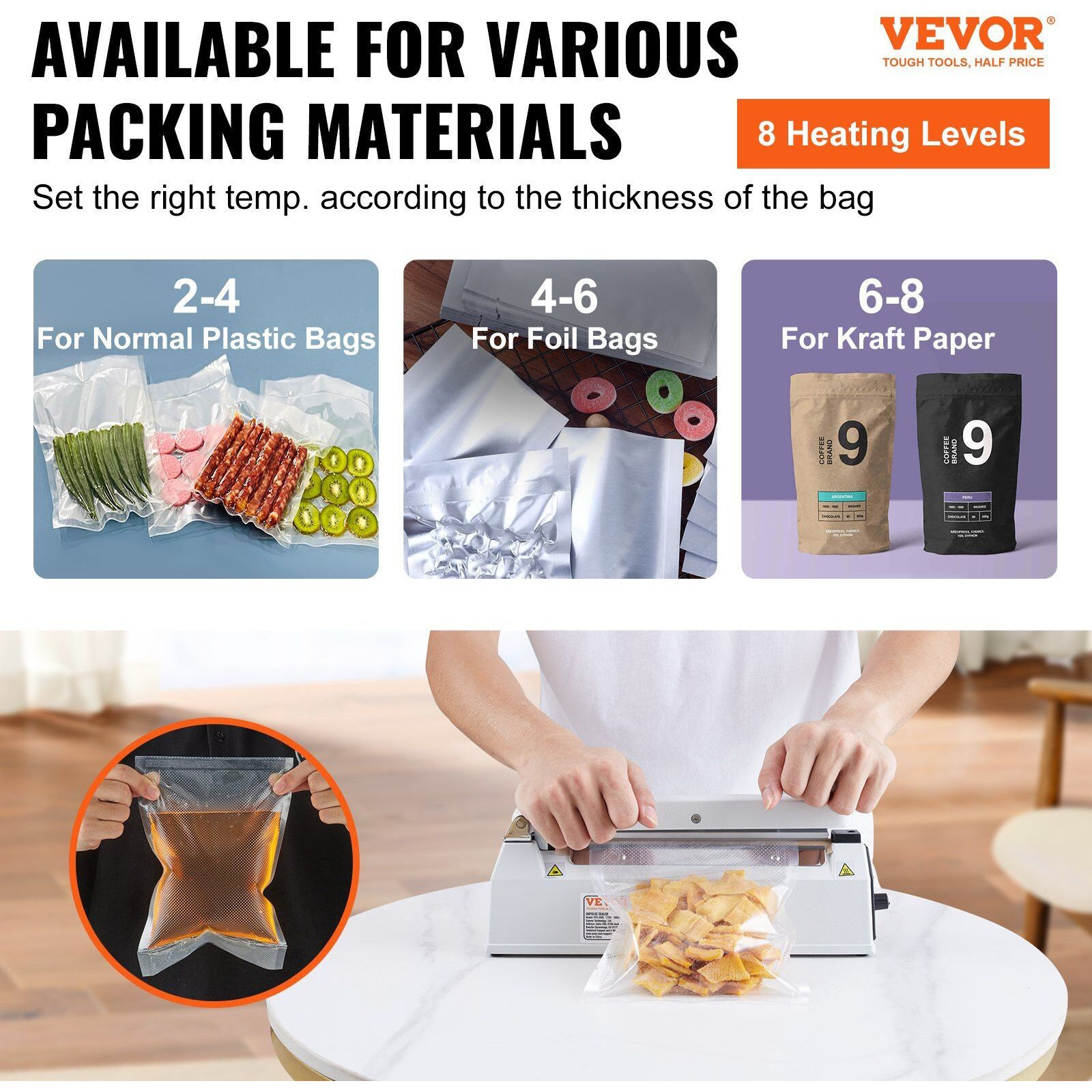 VEVOR Impulse Sealer 8 inch, Manual Heat Sealing Machine with Adjustable Heating Mode, Aluminum Shrink Wrap Bag Sealers for Plastic Mylar PE PP Bags, Portable Poly Bag Sealer with Extra Replace Kit