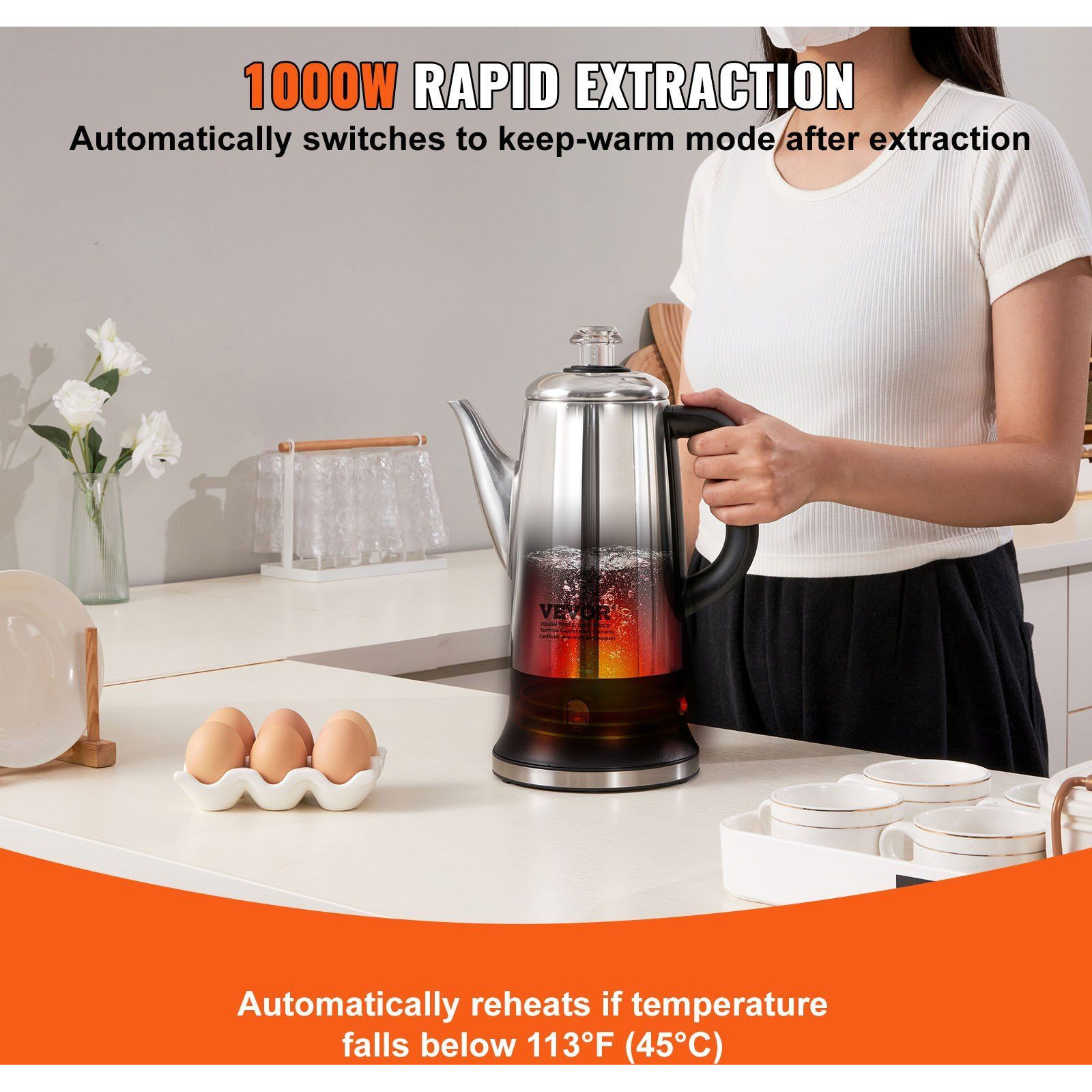 VEVOR 12-Cup Electric Percolator Coffee Pot, 304 Stainless Steel Coffee Percolator with Keep Warm Function & Heat-Resistant Handle, Classic Coffee Maker, Quick Brew & Easy-Pour Spout, Silver