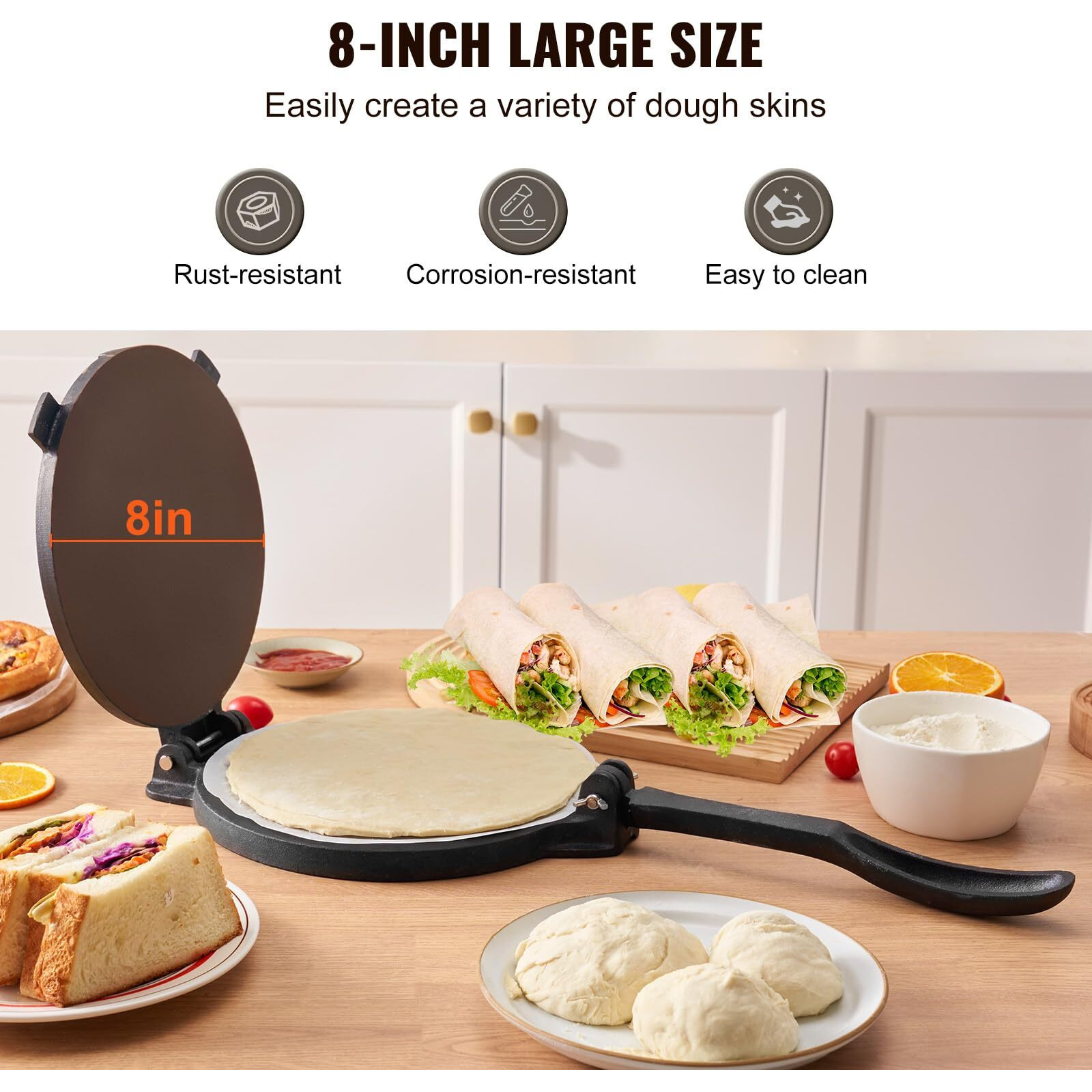 VEVOR Tortilla Press, 8 Inch Tortilla and Roti Maker, Cast Iron Heavy Duty Tortilladora Press, Pre-Seasoned Pataconera Maker with 100 Pcs Parchment Paper, Dough Maker for Flour Tortilla, Tawa, Silver
