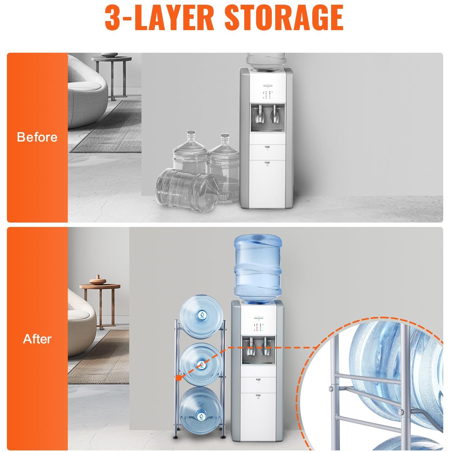 VEVOR 3 Tiers Water Jug Holder Single Row Water Bottle Rack for 3 Bottles Silver