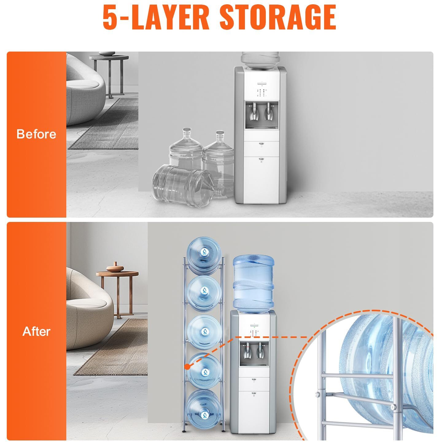 VEVOR 5 Tiers Water Jug Holder Single Row Water Bottle Rack for 5 Bottles Silver
