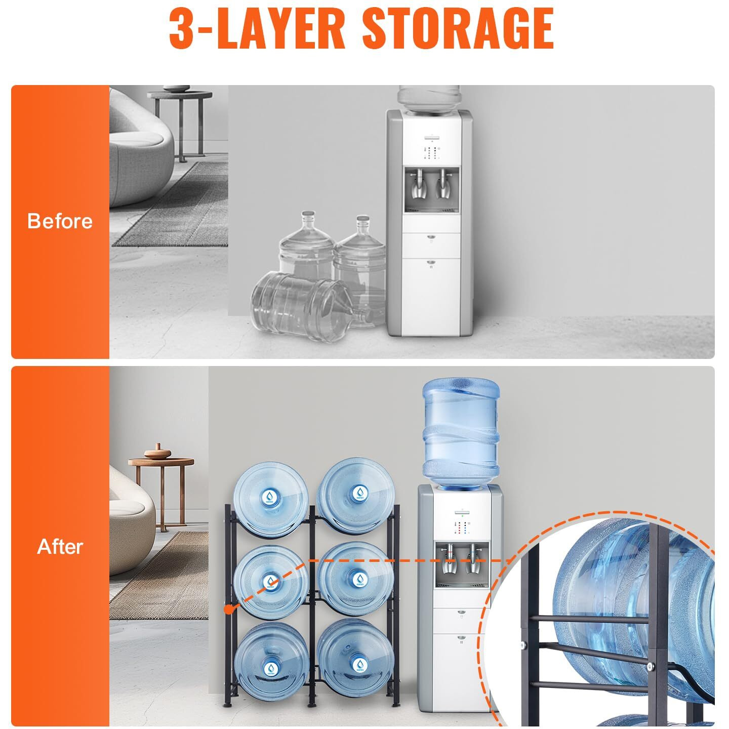 VEVOR 3 Tiers Water Jug Holder Double Row Water Bottle Rack for 6 Bottles Black