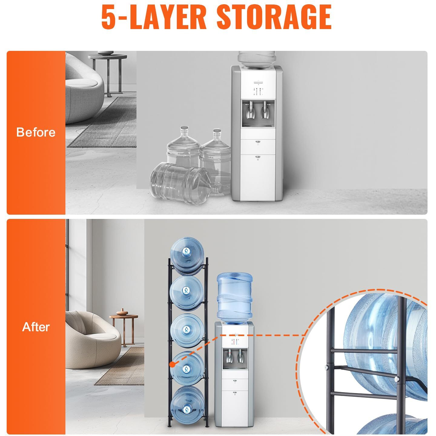 VEVOR 5 Tiers Water Jug Holder Single Row Water Bottle Rack for 5 Bottles Black