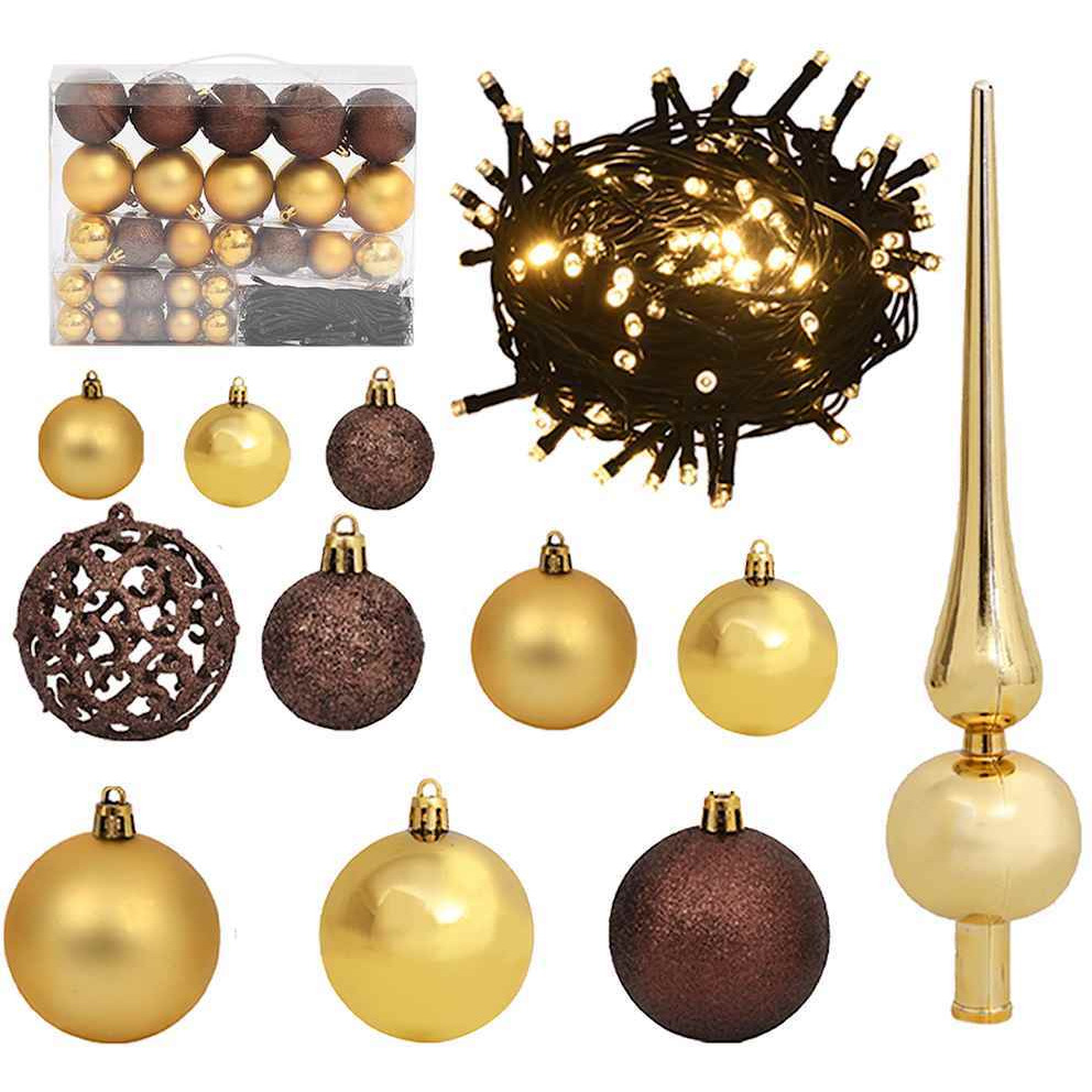 vidaXL 61 Piece Christmas Ball Set with Peak and 150 LEDs Gold&Bronze