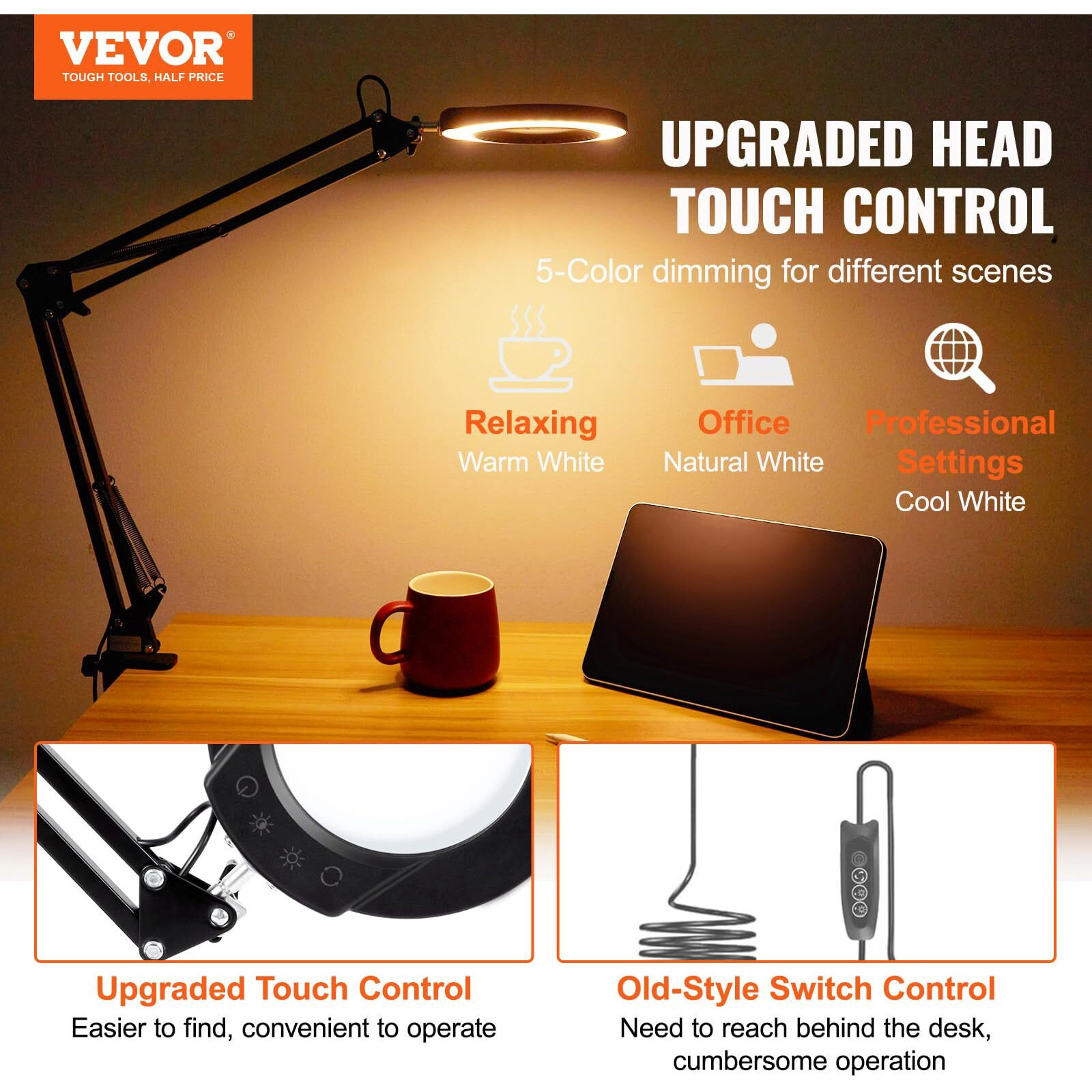 VEVOR Magnifying Glass with Light and Stand, 5X Magnifying Lamp, 4.3" Glass Lens, Base and Clamp 2-in-1 Desk Magnifier with Light, 64 LED Lights 5 Color Modes, for Close Work Reading Repair Crafts