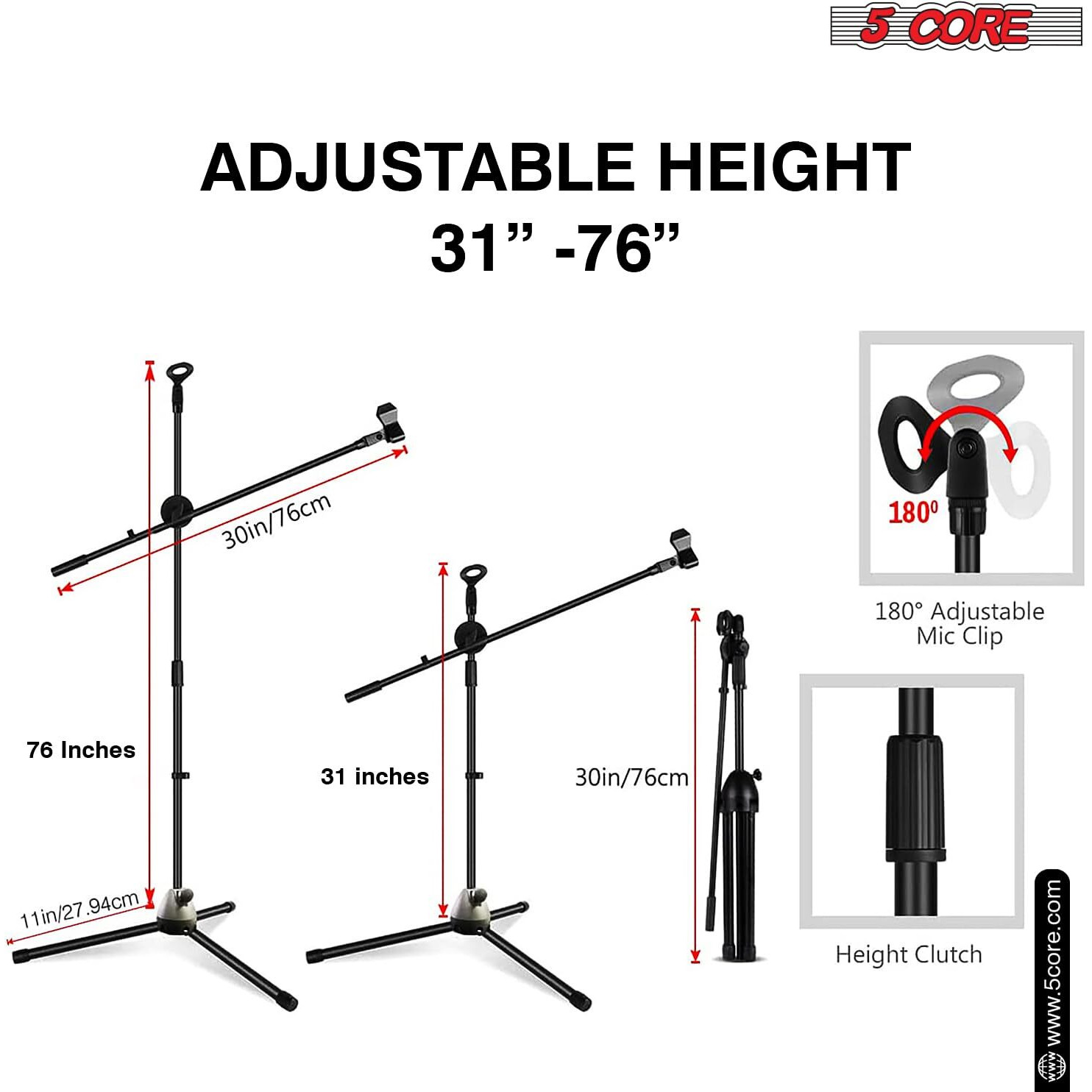 5Core  Microphone Stand - Universal Mic Stand and Height Adjustable Mic Arm Boom Arm MS DBL