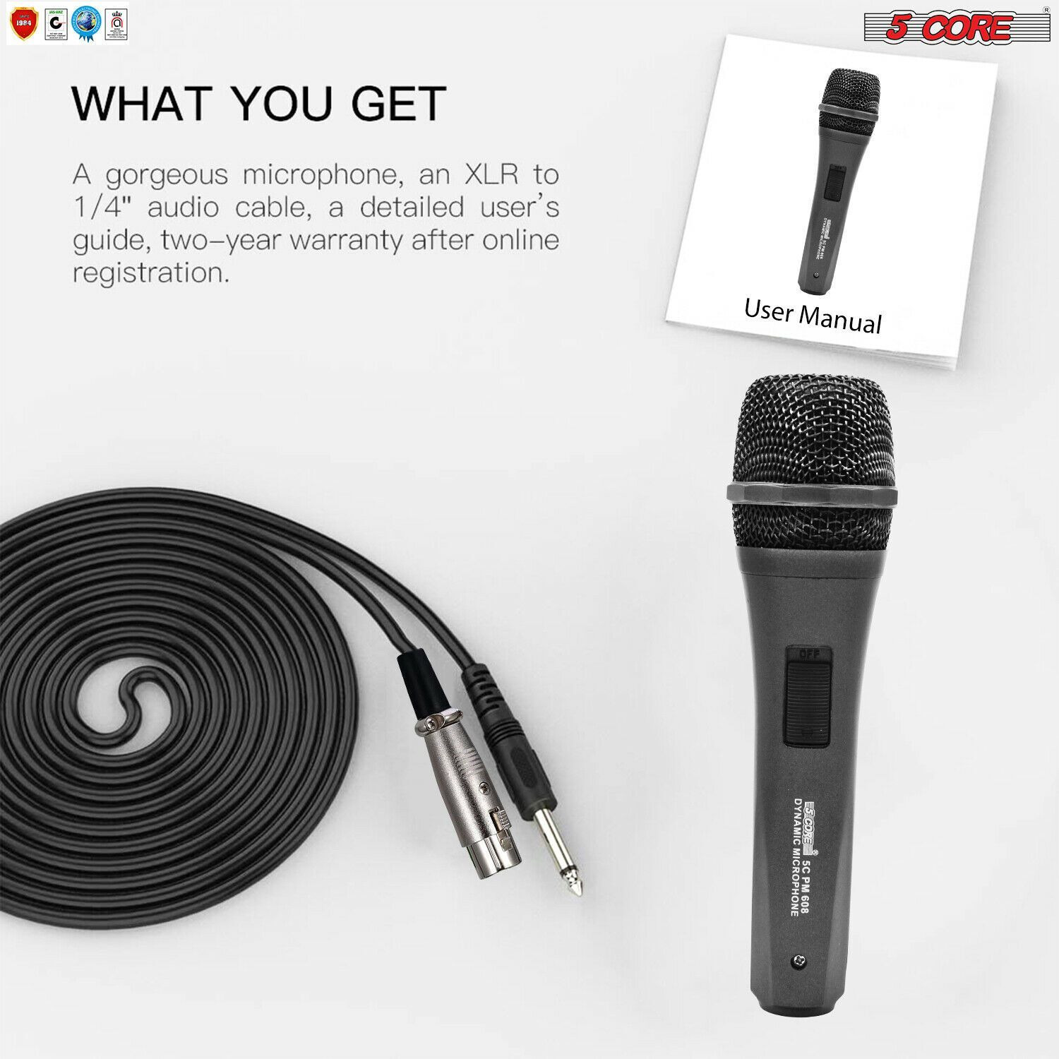 5 cORE Premium Vocal Dynamic cardioid Handheld Microphone Neodymium Magnet Unidirectional Mic 16ft Detachable XLR Deluxe cable to  Audio Jack OnOff Switch for Karaoke Singing PM 608(D0102H7U78T)