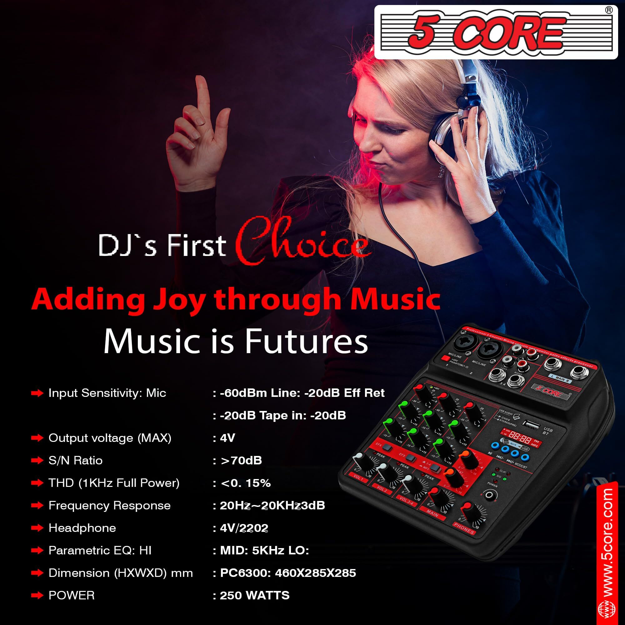 U4 Portable Mini Mixer 4 Channel Audio DJ Console with Sound Card, USB, 48V Phantom Power for PC Recording 5 Core MX 4CH(D0102HX66N2.)