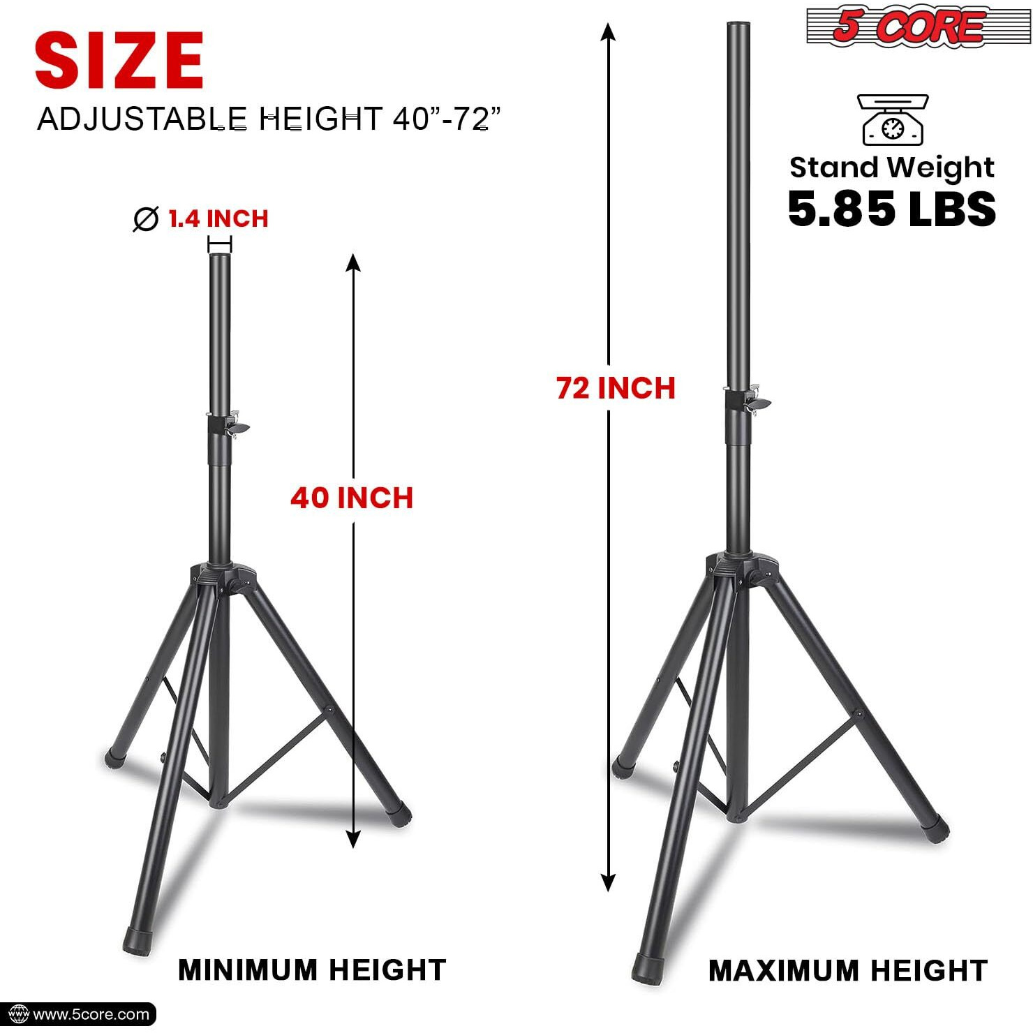 5 Core 2 Pieces PA Speaker Stands Adjustable Height Professional Heavy Duty DJ Tripod with Mounting Bracket, Tie and Carrying Bag, Extend from 41 to 72 inches, Black - Supports 132 lbs SS HD 2PK BLK WOB