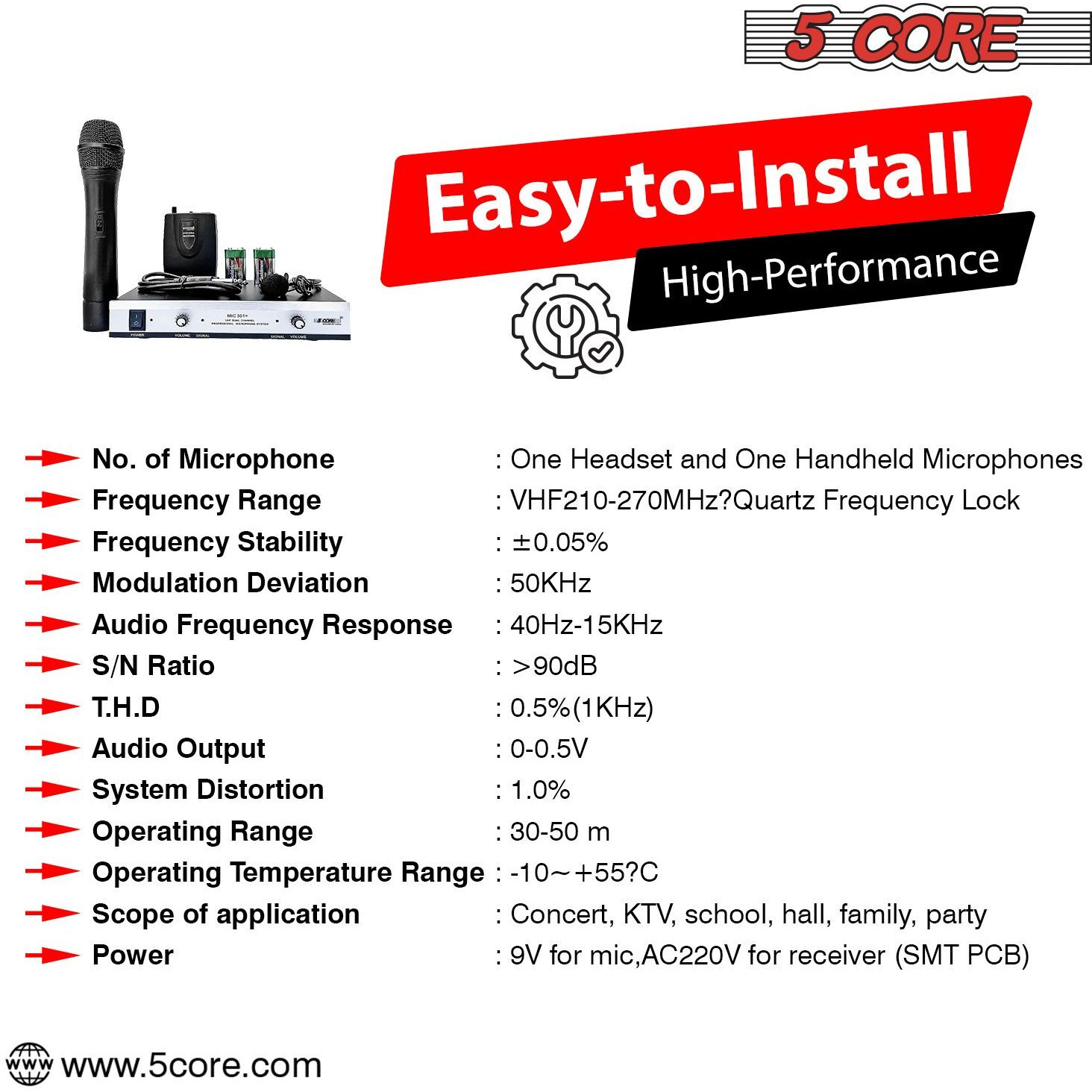 5core VHF Dual channel DIgITAL Wireless Microphone System Receiver 2x Hand Mic WM 301 HH(D0102H732WX)