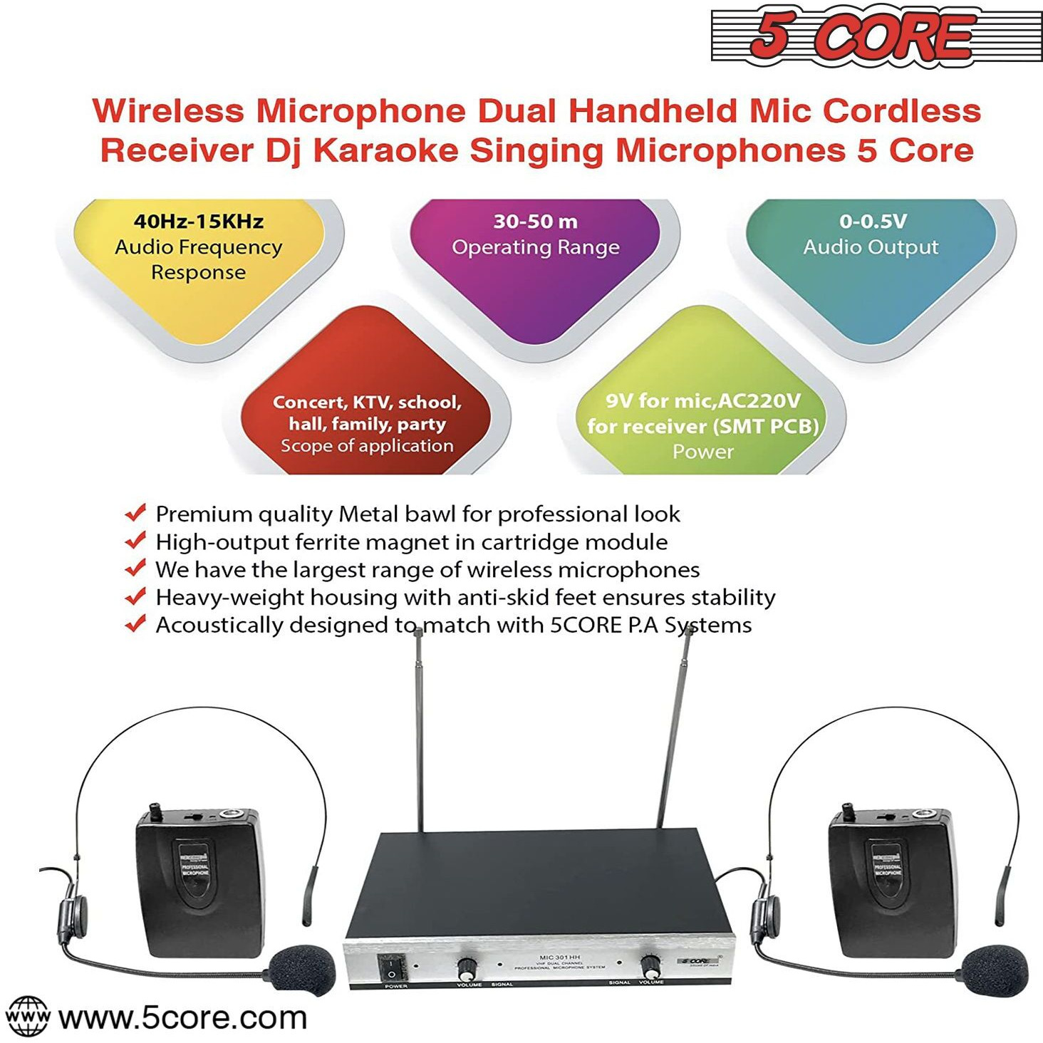 5core VHF Dual channel DIgITAL Wireless Microphone System Receiver 2x Hand Mic WM 301 HH(D0102H732WX)