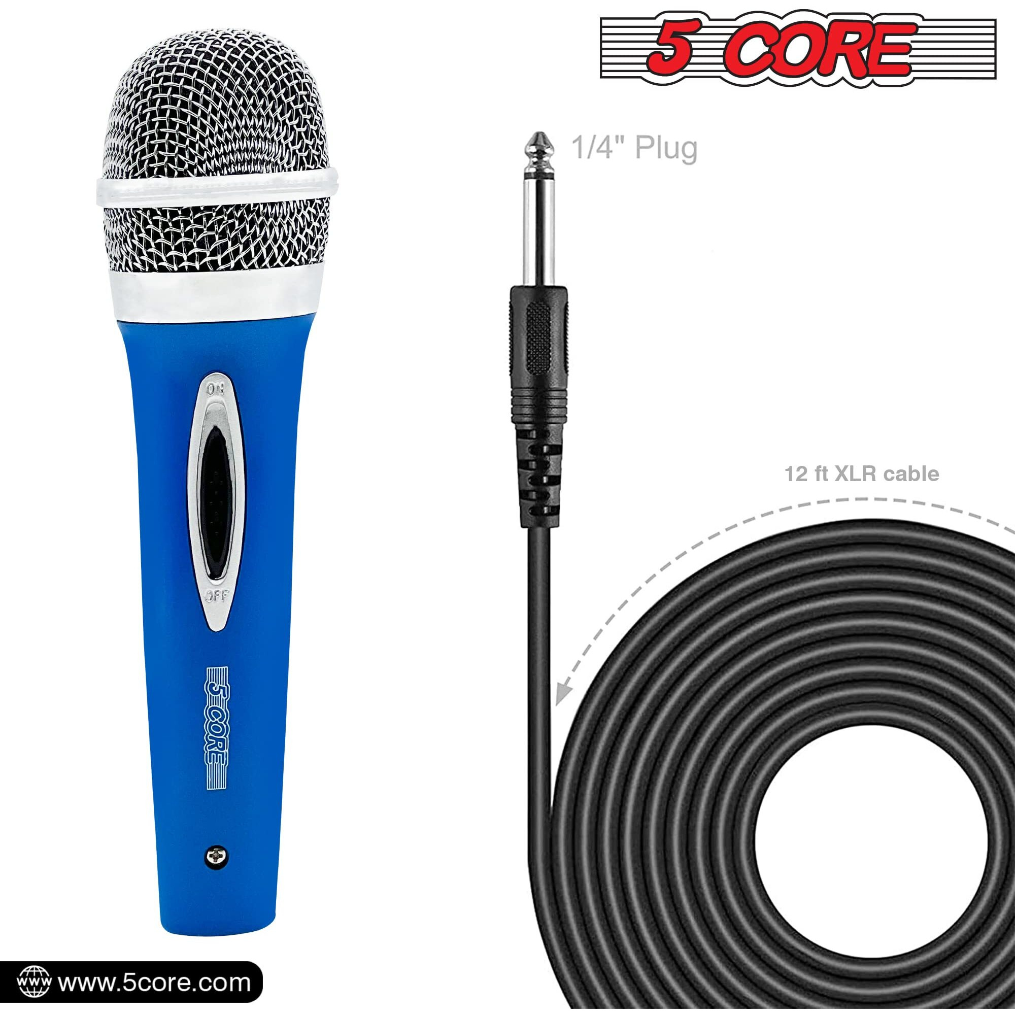 5 CORE Premium Vocal Dynamic Cardioid Handheld Microphone Unidirectional Mic with 12ft Detachable XLR Cable to inch Audio Jack and On/Off Switch for Karaoke Singing (Blue) PM 286 BLU