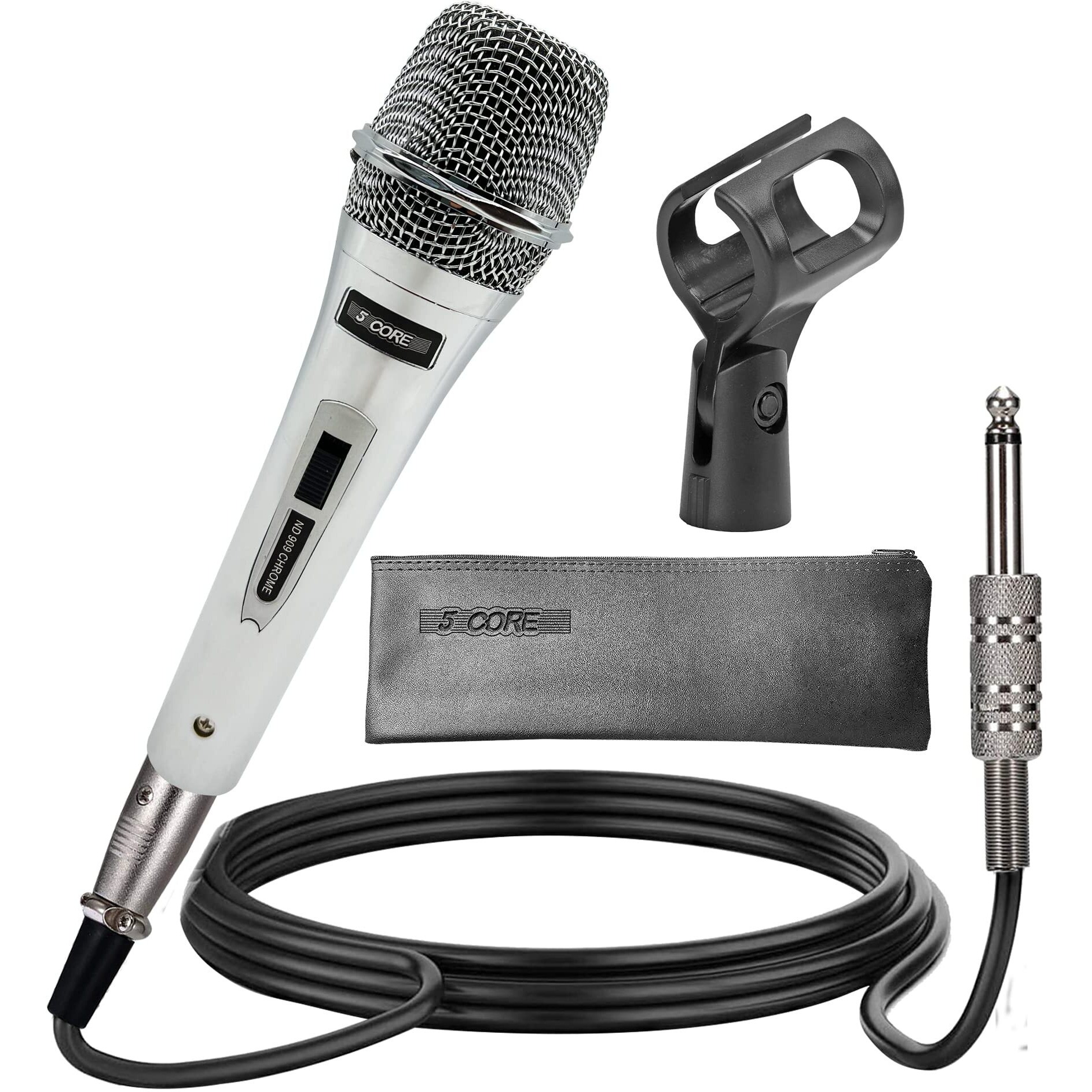 5core Premium Vocal Dynamic cardioid Handheld Microphone Neodymium Magnet Unidirectional Mic 16ft Detachable XLR Deluxe cable to  Audio Jack Mic clip OnOff Switch for Karaoke Singing ND 909 chrome(D0102H7AcgJ)