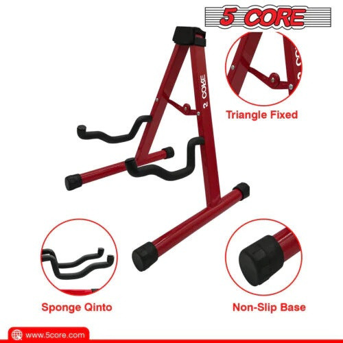 5 core 2 PcS guitar Stand Folding A-Frame Red  Sturdy guitar Stand for Acoustic and Electric guitars with Secure Lock guitar Holder Stand with Non-Slip Rubber and Soft Foam Arms - gSS RED 2PcS(D0102H54M2X)