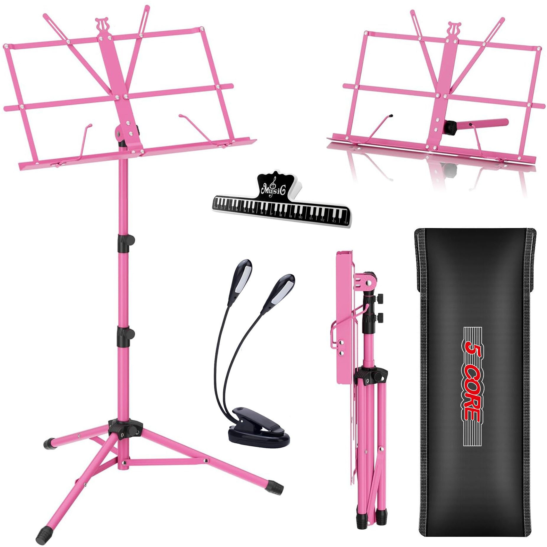 5 core Music Stand, 2 in 1 Dual-Use Adjustable Folding Sheet Stand Pink  Metal Build Portable Sheet Holder  carrying Bag, Music clip and Stand Light Included - MUS FLD PNK(D0102H5TIYX)
