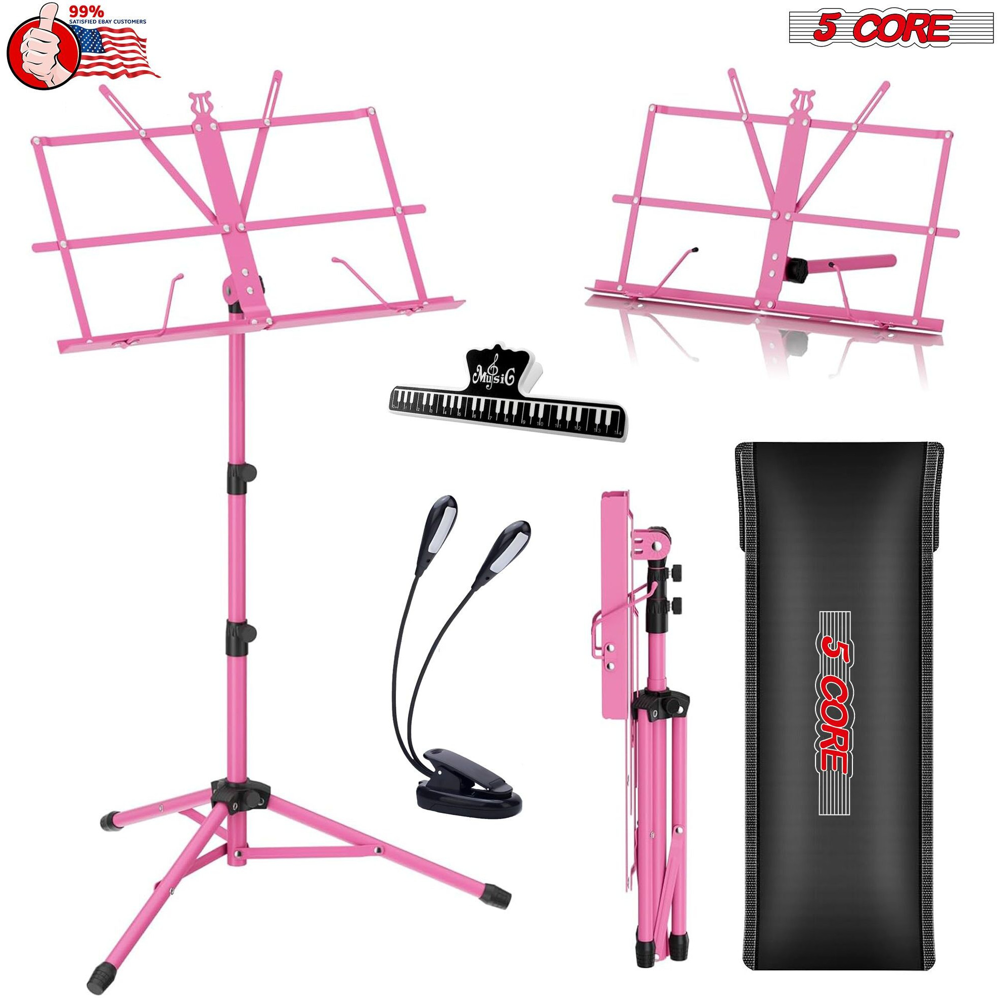 5 core Music Stand, 2 in 1 Dual-Use Adjustable Folding Sheet Stand Pink  Metal Build Portable Sheet Holder  carrying Bag, Music clip and Stand Light Included - MUS FLD PNK(D0102H5TIYX)