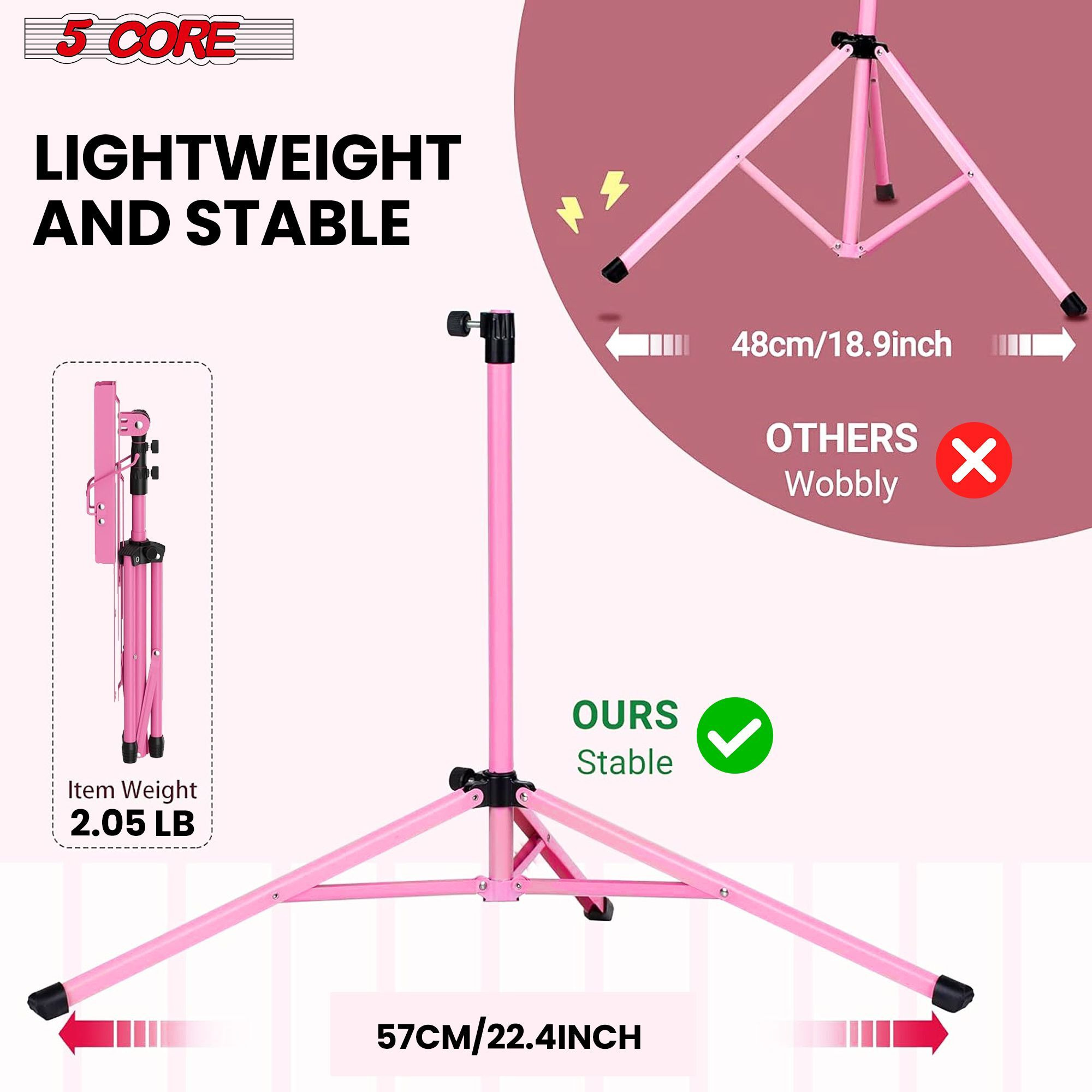 5 core Music Stand, 2 in 1 Dual-Use Adjustable Folding Sheet Stand Pink  Metal Build Portable Sheet Holder  carrying Bag, Music clip and Stand Light Included - MUS FLD PNK(D0102H5TIYX)
