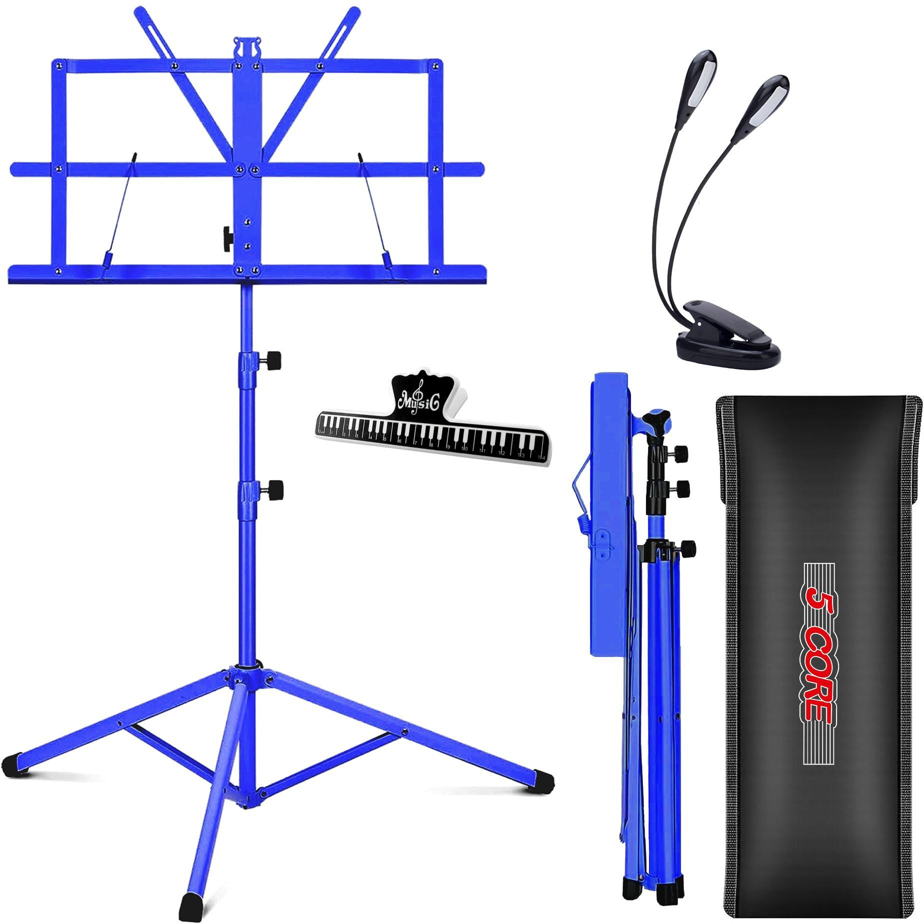 5 core Music Stand, 2 in 1 Dual-Use Adjustable Folding Sheet Stand Blue  Metal Build Portable Sheet Holder  carrying Bag, Music clip and Stand Light Included - MUS FLD BLU(D0102H5TIYT)