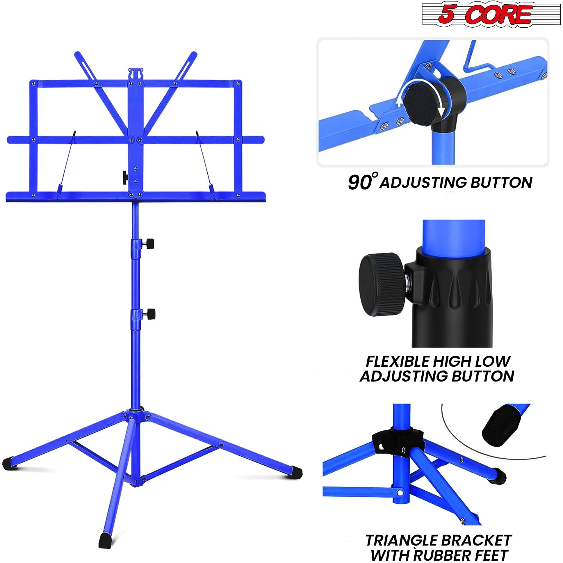 5 core Music Stand, 2 in 1 Dual-Use Adjustable Folding Sheet Stand Blue  Metal Build Portable Sheet Holder  carrying Bag, Music clip and Stand Light Included - MUS FLD BLU(D0102H5TIYT)