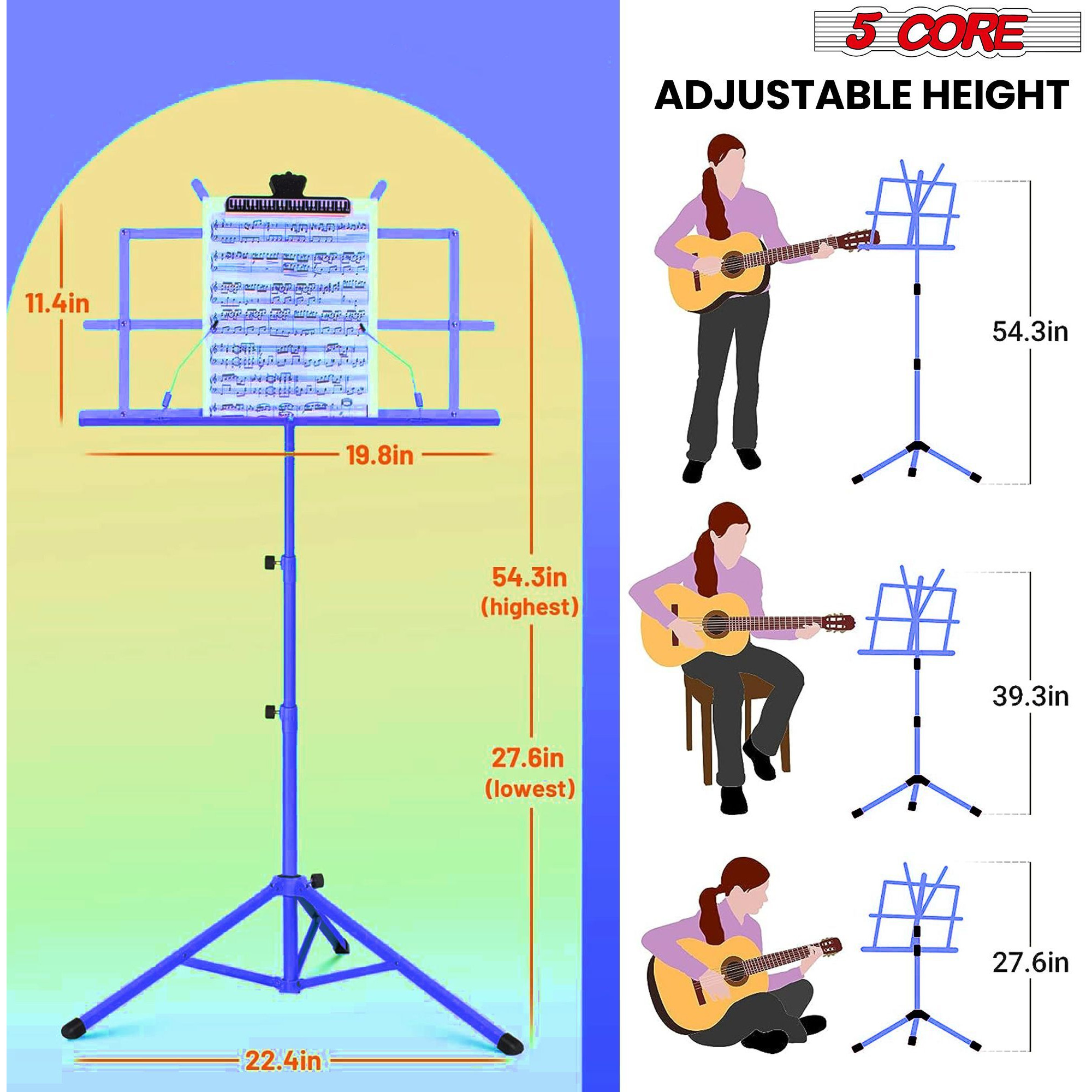 5 core Music Stand, 2 in 1 Dual-Use Adjustable Folding Sheet Stand Blue  Metal Build Portable Sheet Holder  carrying Bag, Music clip and Stand Light Included - MUS FLD BLU(D0102H5TIYT)