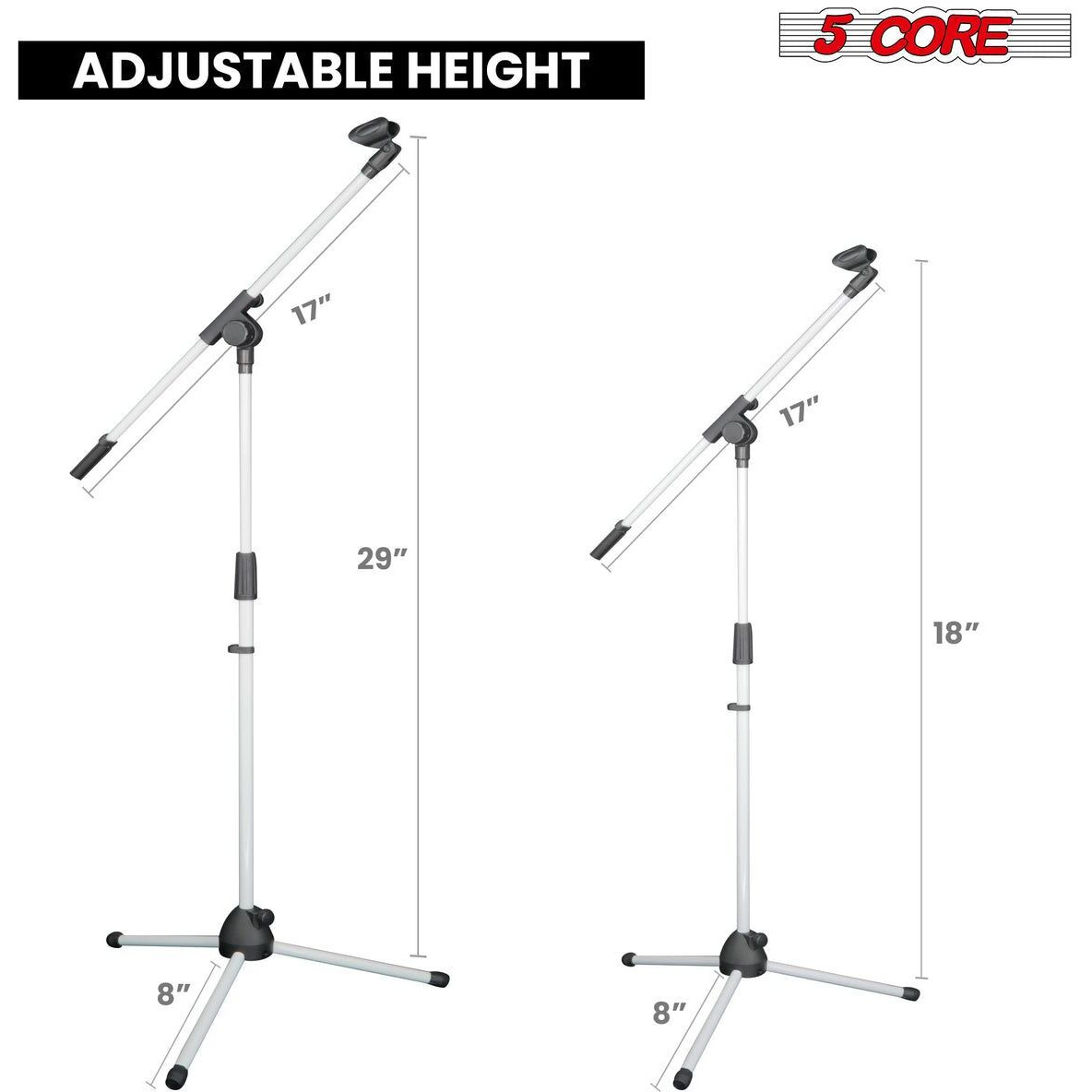 5 Core Tripod Mic Stand Heavy Duty Height Adjustable Floor Microphone Boom Arm Pedestal Para Microfono for Singing On Stage Studio - MS 080 WH