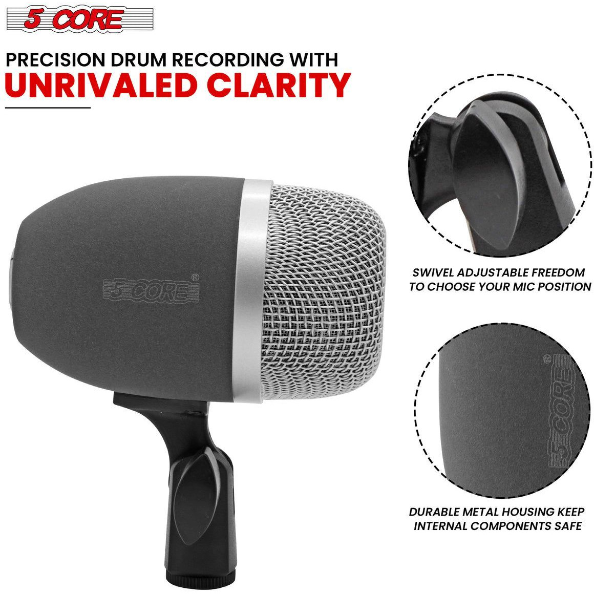 Tom Mic 1Piece Wired Cardioid Bass Drum Microphone Kit High SPL Instrument Microfono w XLR Connection- 5 Core Tom XP