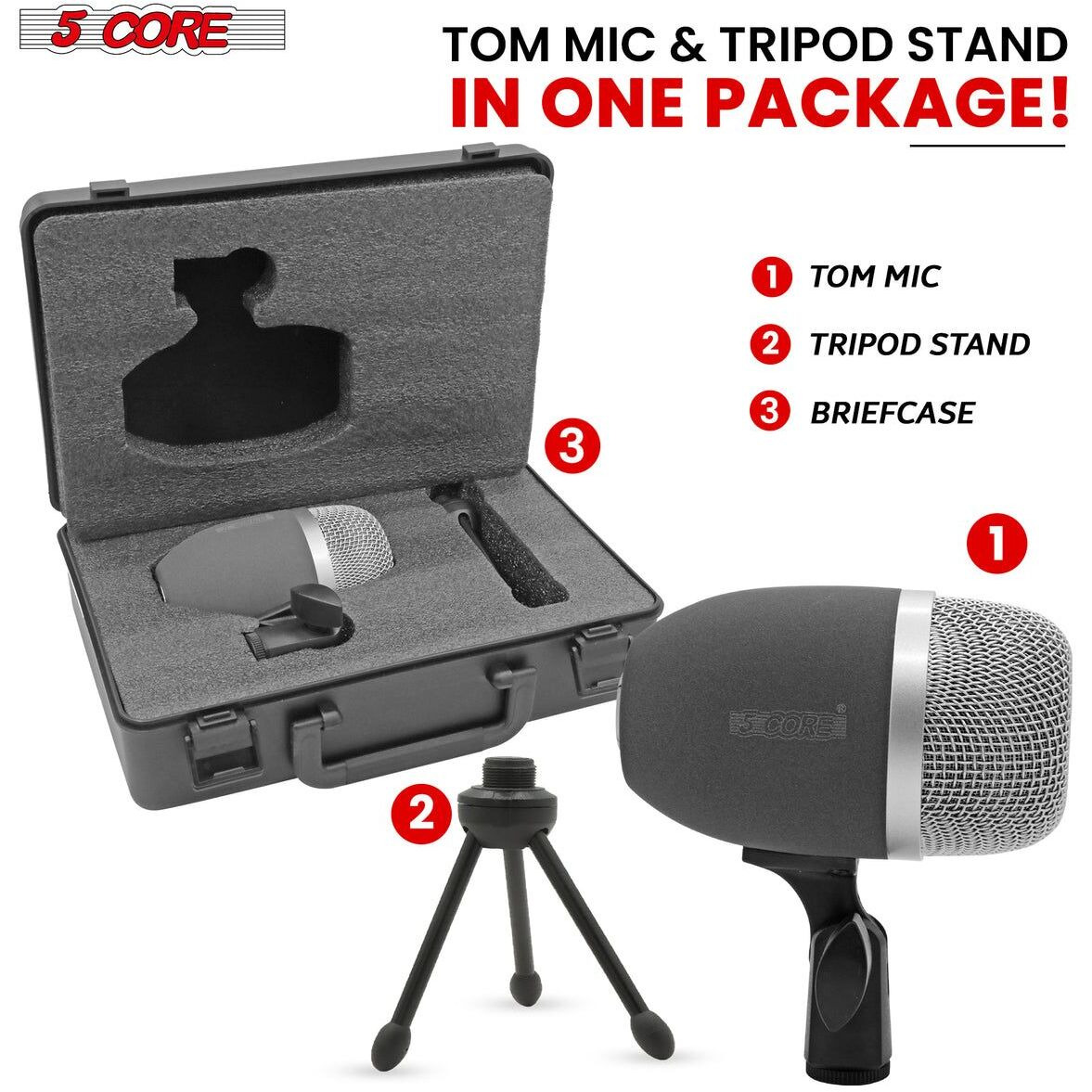 Tom Mic 1Piece Wired Cardioid Bass Drum Microphone Kit High SPL Instrument Microfono w XLR Connection- 5 Core Tom XP