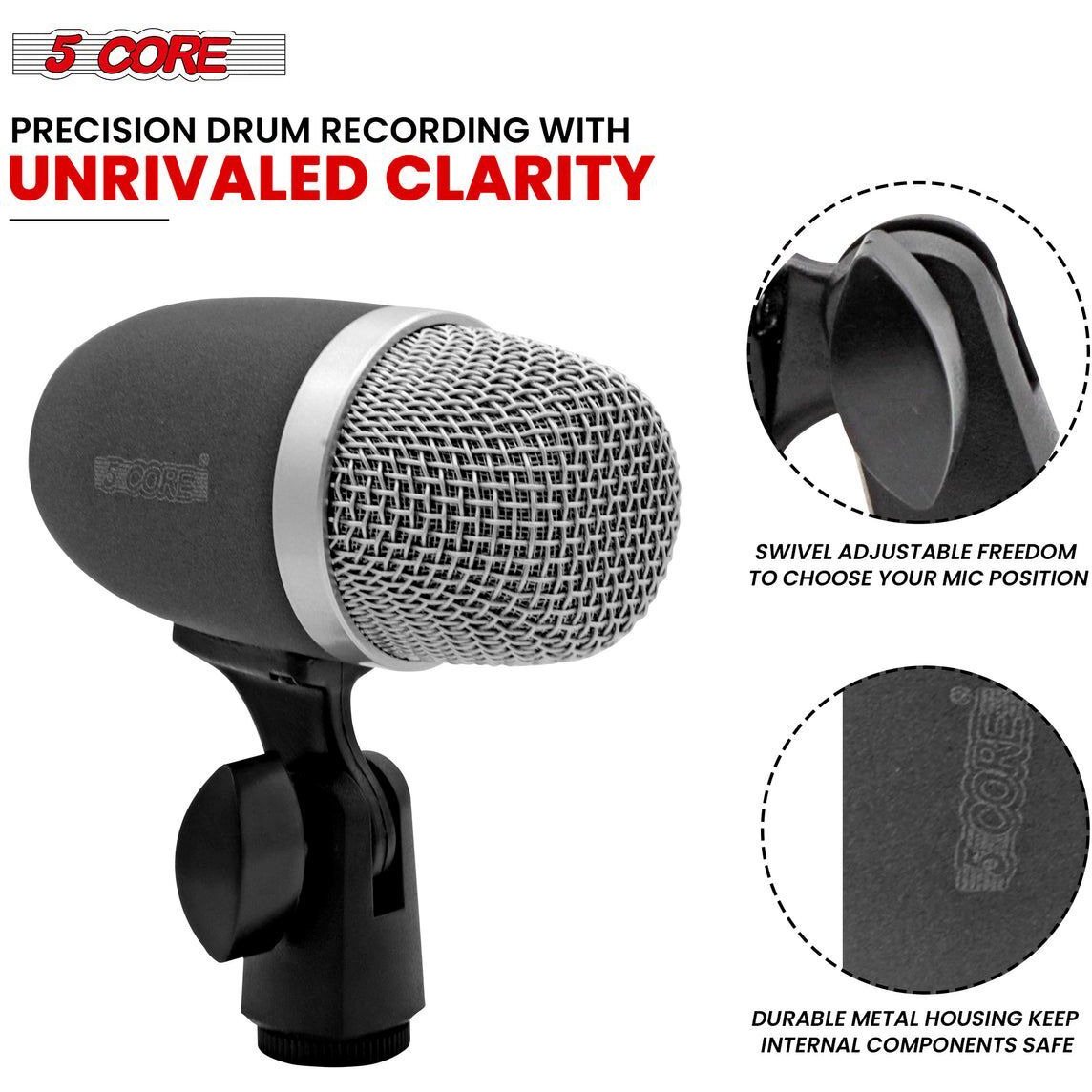 Snare Microphone 1Piece Wired Cardioid Bass Drum Mic Kit High SPL Instrument Microfono w XLR Connection- 5 Core Snare XP