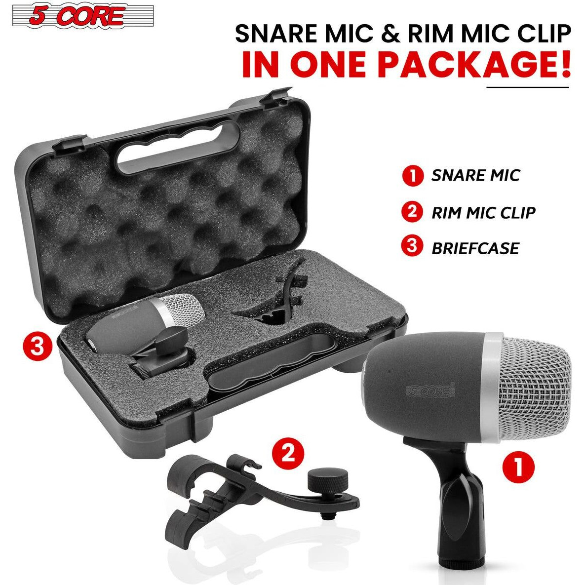Snare Microphone 1Piece Wired Cardioid Bass Drum Mic Kit High SPL Instrument Microfono w XLR Connection- 5 Core Snare XP