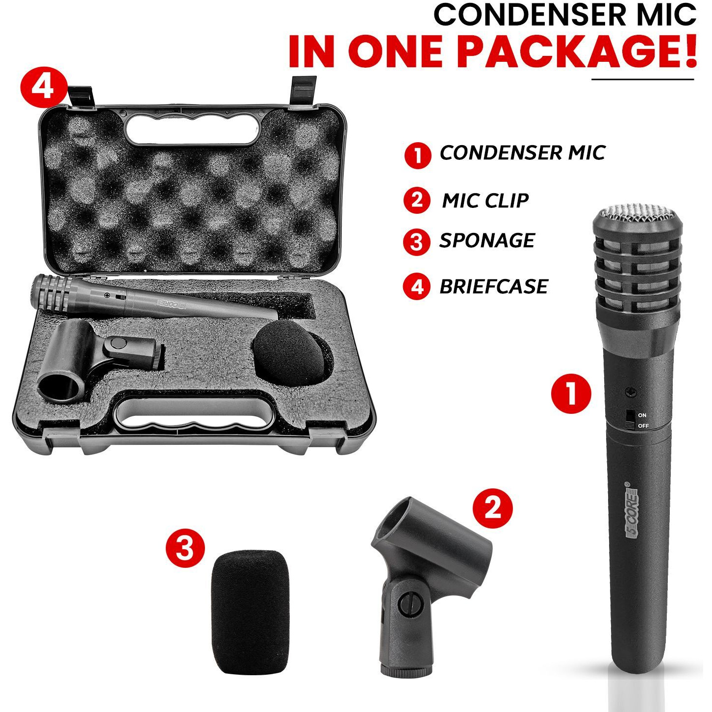 5 Core Dynamic Instrument Microphone Professional XLR Cardioid Uni Directional Condenser Mic Included Windscreen Mic Holder - INSTRU MIC 100 GREY