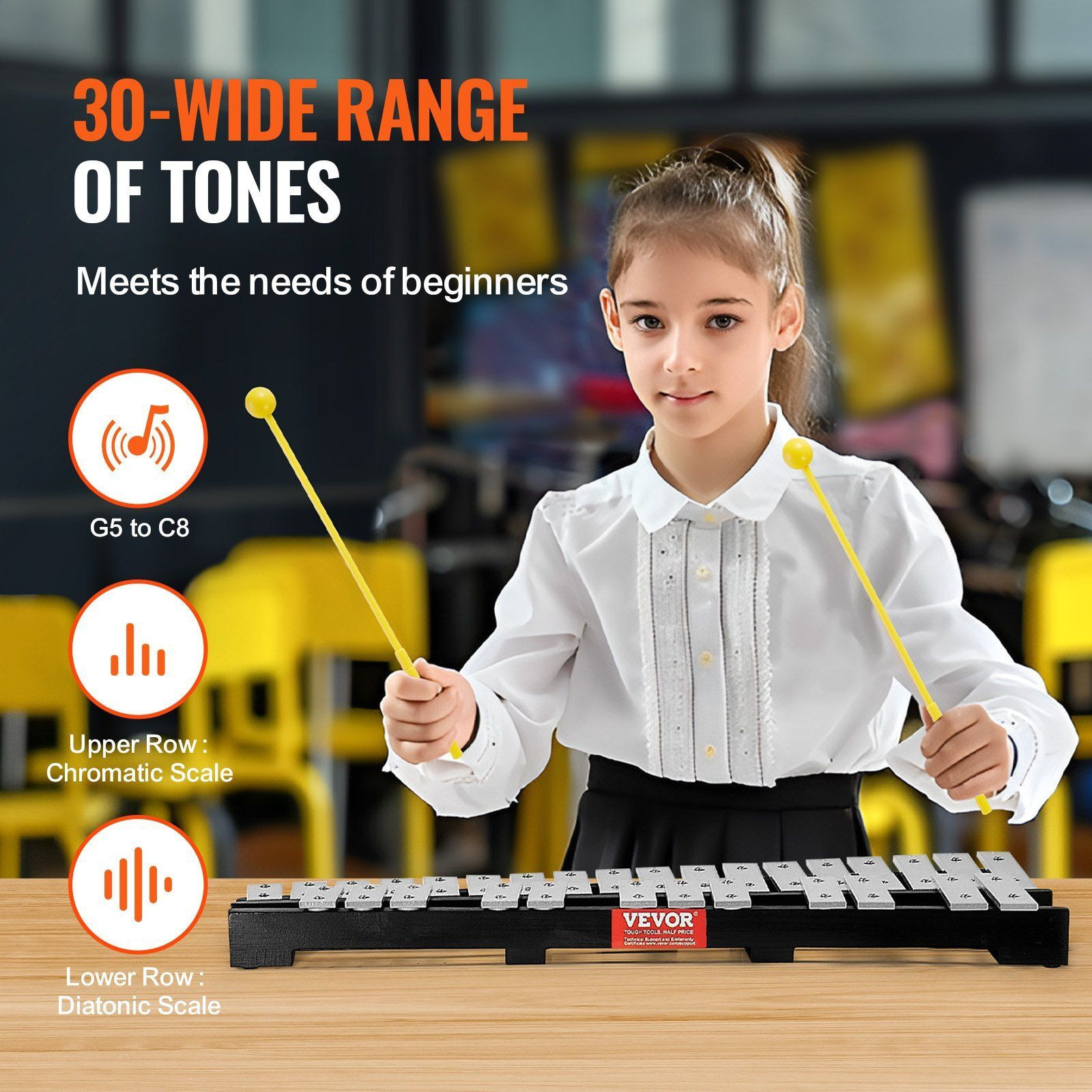 VEVOR 30 Note Glockenspiel Xylophone Bell Kit, Percussion Instrument with Mallets, Drum Sticks and Carrying Bag, Professional Glockenspiel Xylophone Percussion Instrument Set for Students & Adults