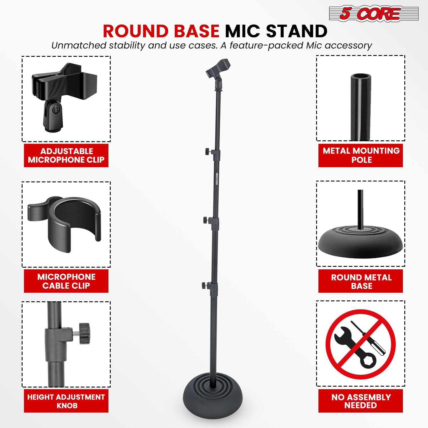 5Core Mic Stand Floor Adjustable Universal Heavy Duty Microphone Stands Round Base Soporte De micrfono - MS RBP 3T