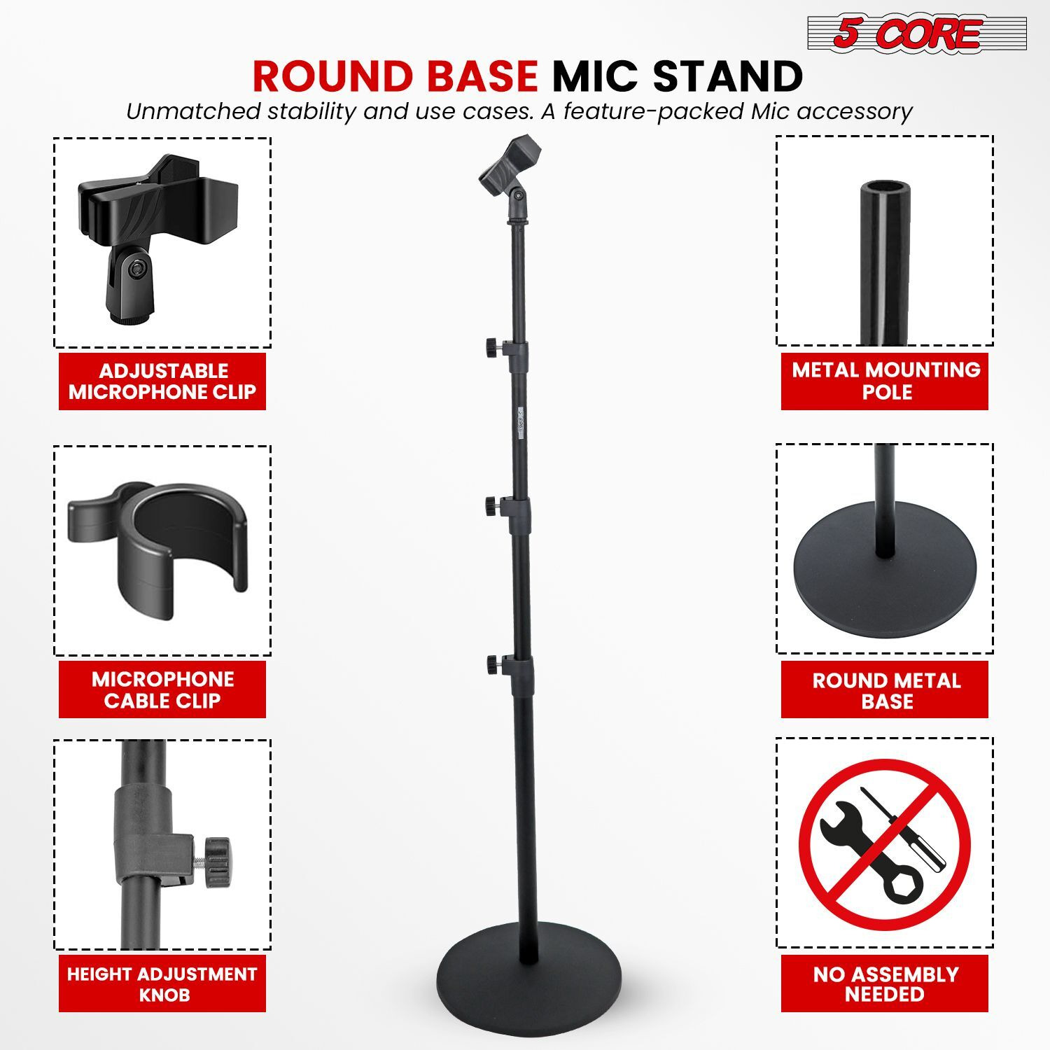 5Core Mic Stand Floor Adjustable Universal Heavy Duty Microphone Stands Round Base Soporte De micrfono - MS RBL 3T