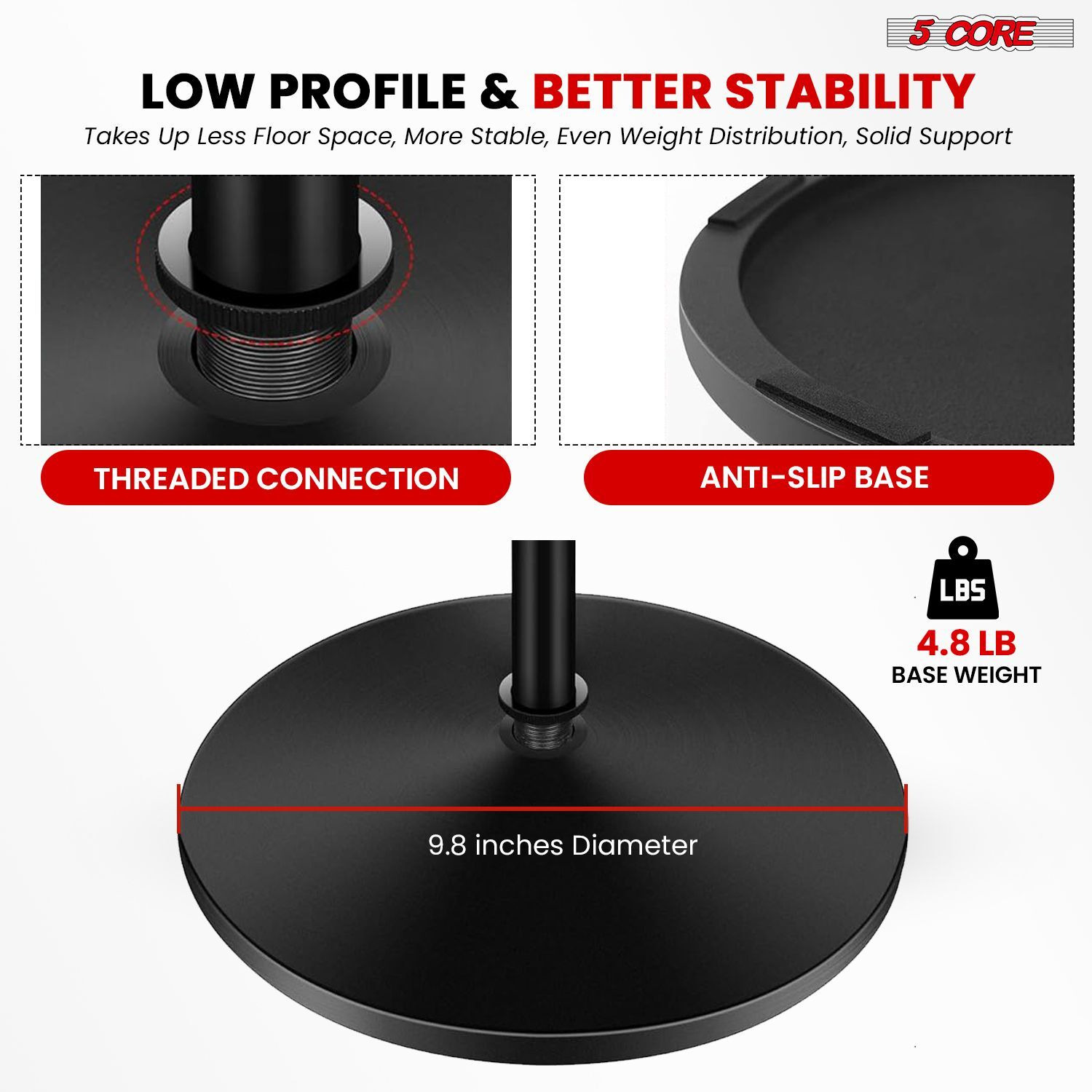 5Core Mic Stand Floor Adjustable Universal Heavy Duty Microphone Stands Round Base Soporte De micrfono - MS RBL 3T
