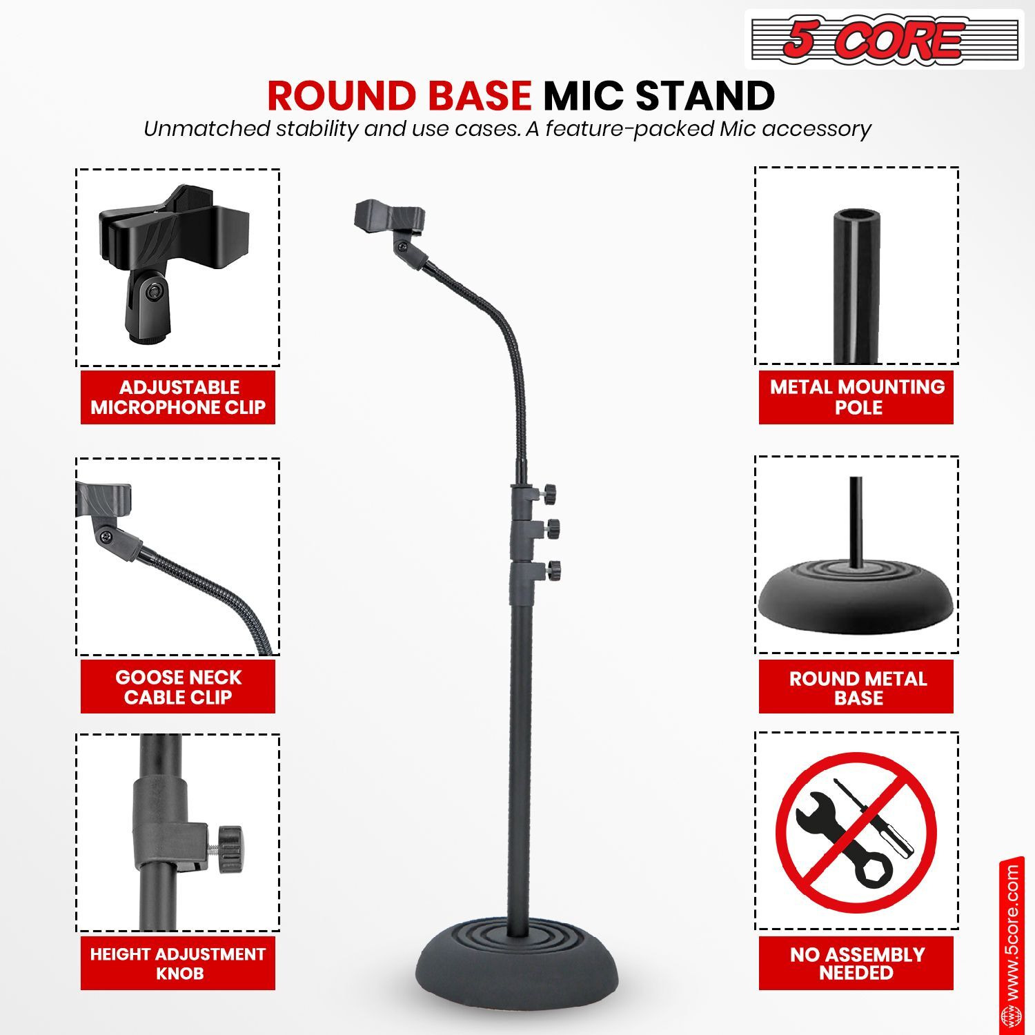 5 Core Mic Stand Floor Adjustable Universal Heavy Duty Gooseneck Microphone Stands Round Base Soporte De micrfono - MS RBP 3T GSE