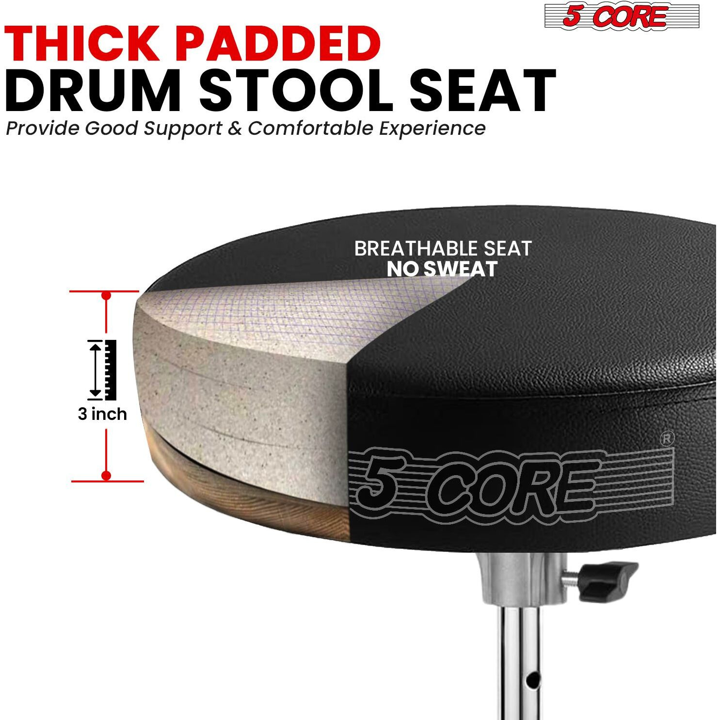 5 CORE Drum Throne Padded Guitar Stool Height Adjustable Music Chair Seat Universal for Adults & Kids with Anti Slip Rubber Feet - DS BLKCH BLK