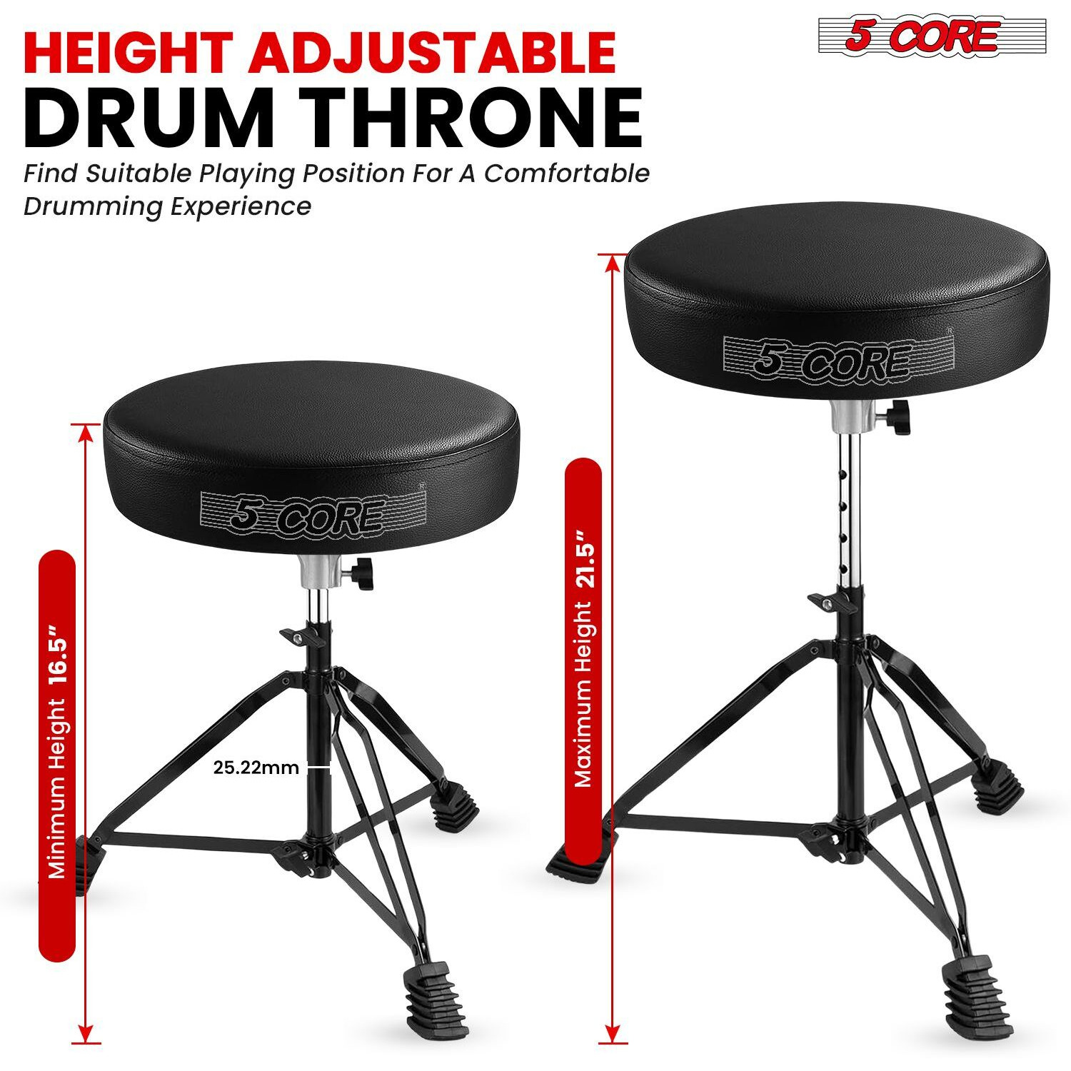 5 CORE Drum Throne Padded Guitar Stool Height Adjustable Music Chair Seat Universal for Adults & Kids with Anti Slip Rubber Feet - DS BLKCH BLK