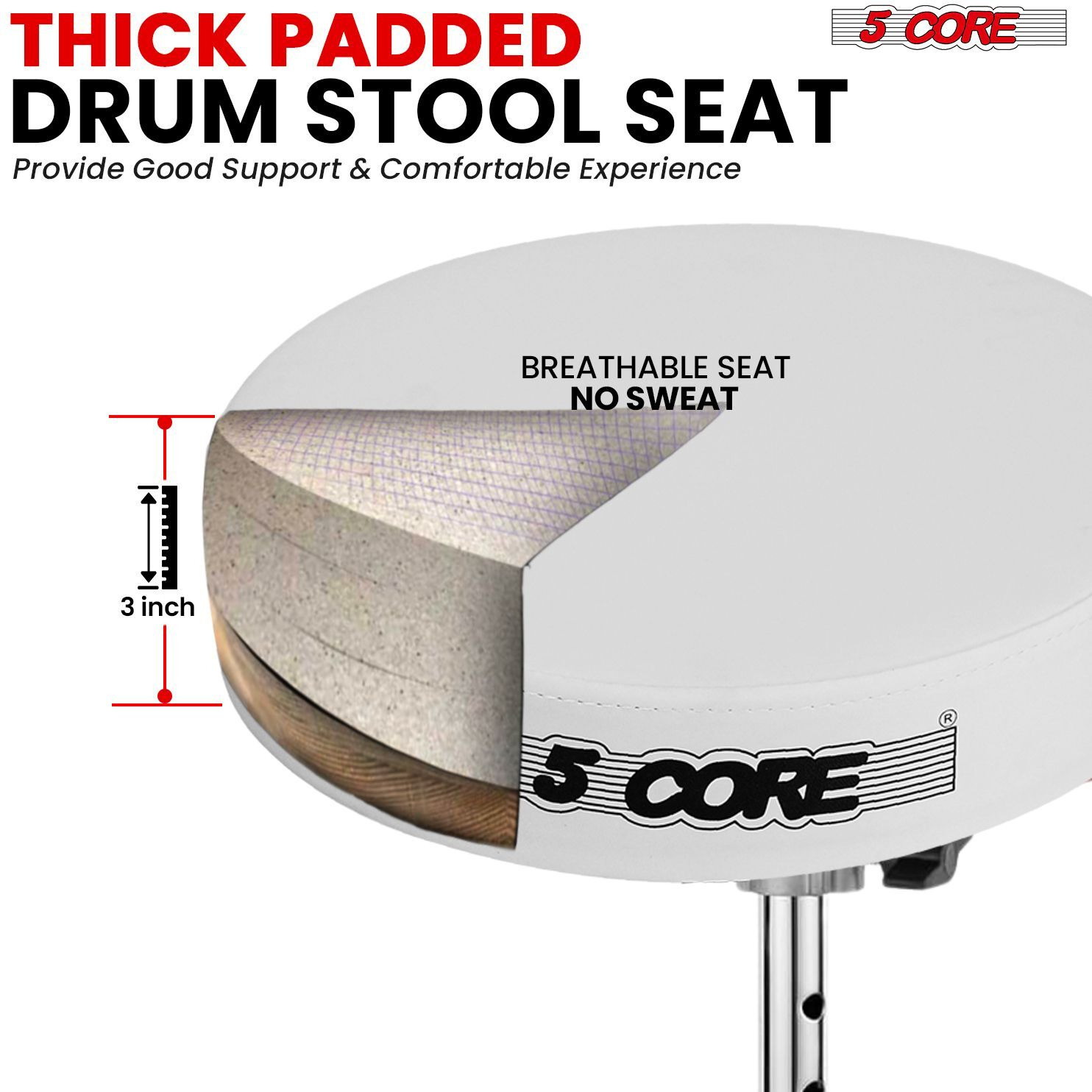 5 CORE Drum Throne Padded Guitar Stool Height Adjustable Music Chair Seat Universal for Adults & Kids with Anti Slip Rubber Feet - DS BLKCH WH