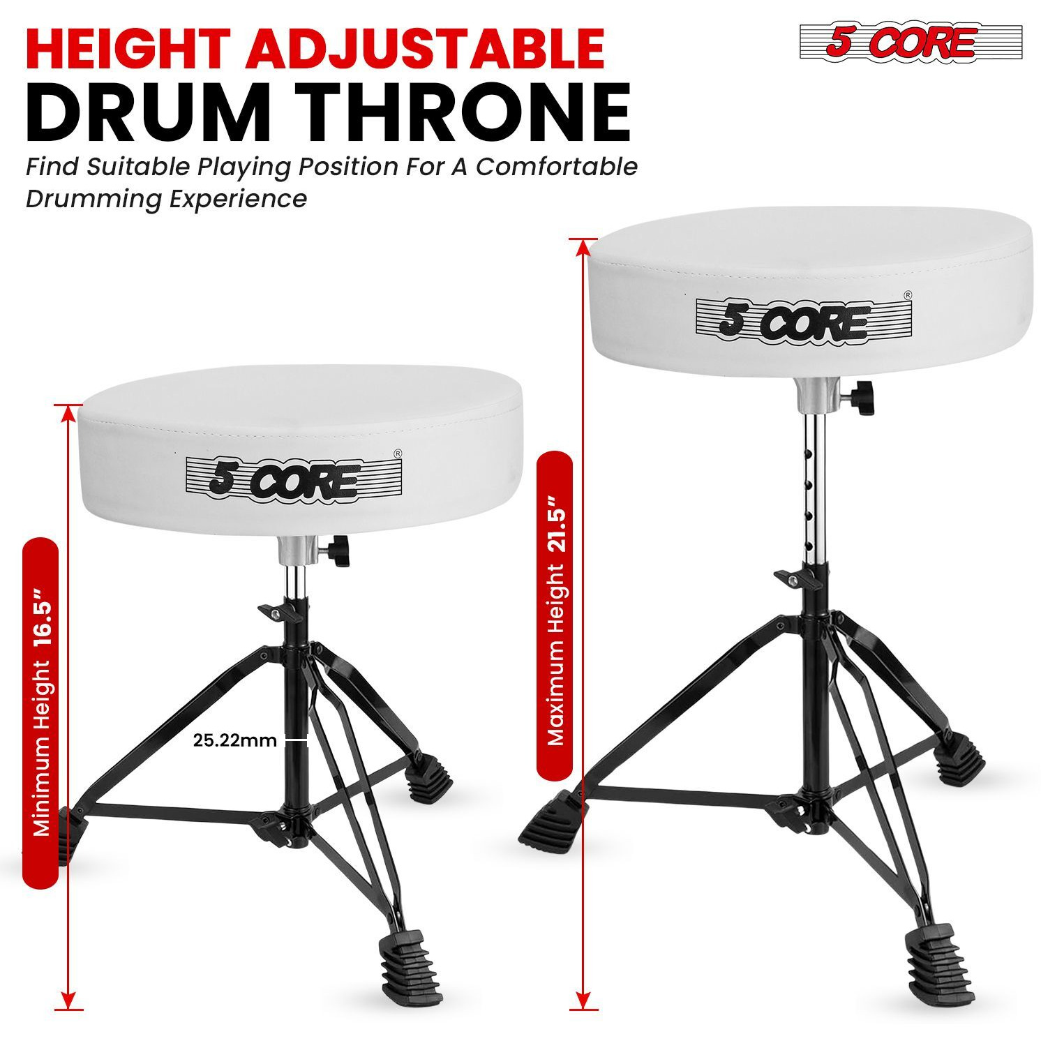 5 CORE Drum Throne Padded Guitar Stool Height Adjustable Music Chair Seat Universal for Adults & Kids with Anti Slip Rubber Feet - DS BLKCH WH