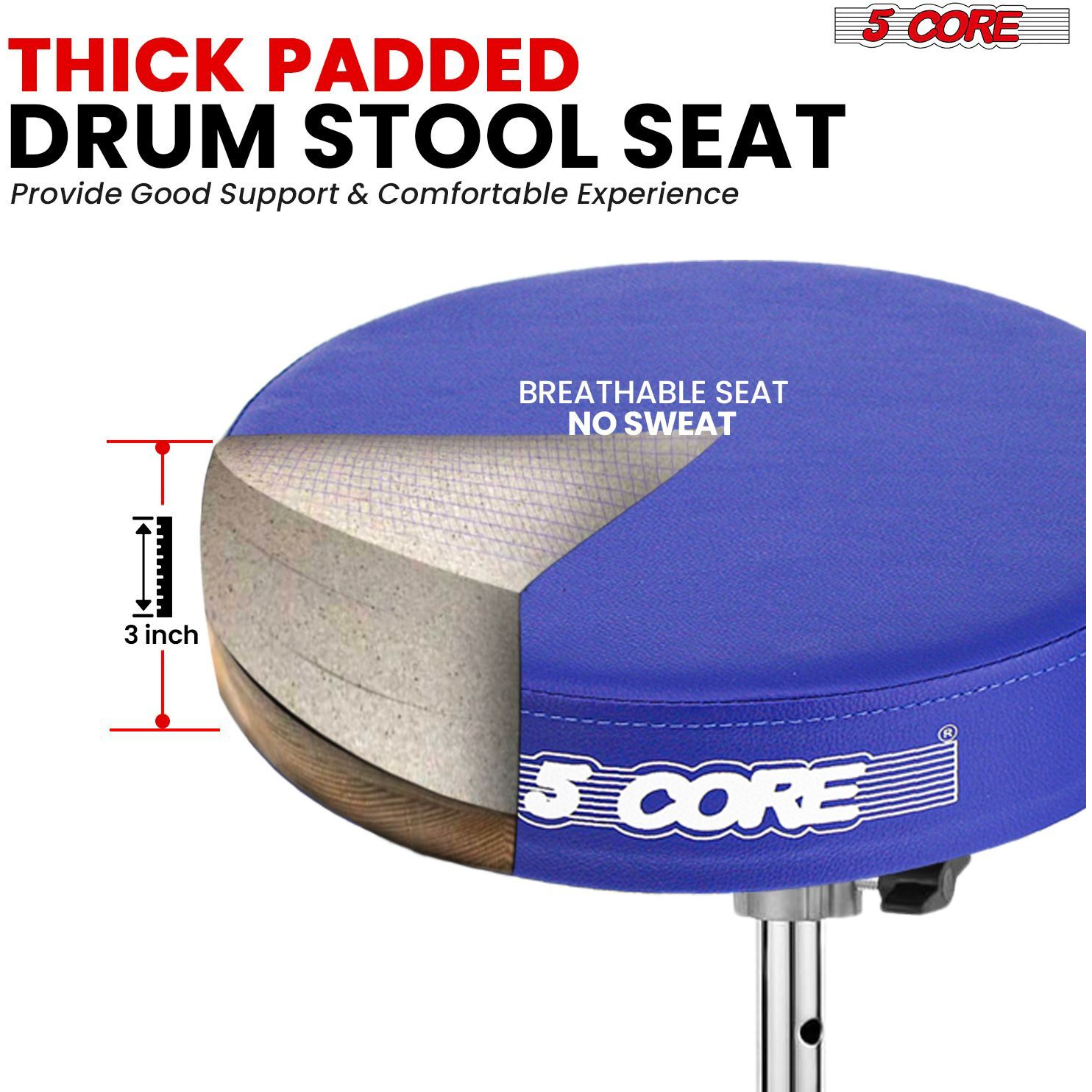 5 CORE Drum Throne Padded Guitar Stool Height Adjustable Music Chair Seat Universal for Adults & Kids with Anti Slip Rubber Feet - DS BLKCH BLU