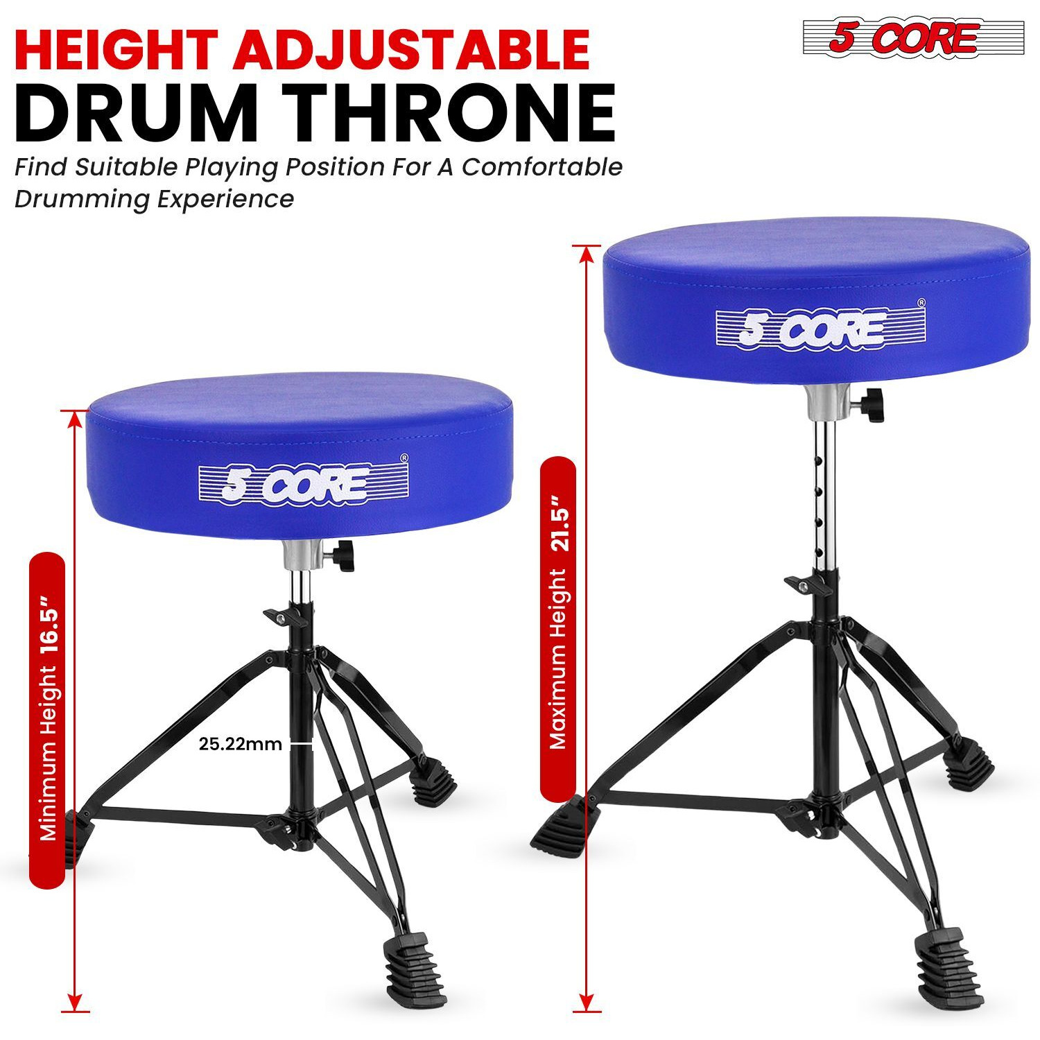5 CORE Drum Throne Padded Guitar Stool Height Adjustable Music Chair Seat Universal for Adults & Kids with Anti Slip Rubber Feet - DS BLKCH BLU