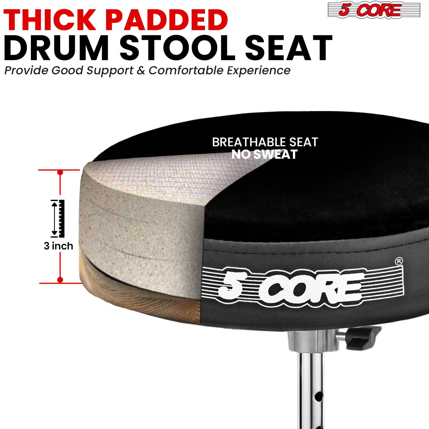 5 CORE Drum Throne Padded Guitar Stool Height Adjustable Music Chair Seat Universal for Adults & Kids with Anti Slip Rubber Feet - DS BLKCH VEL BLK