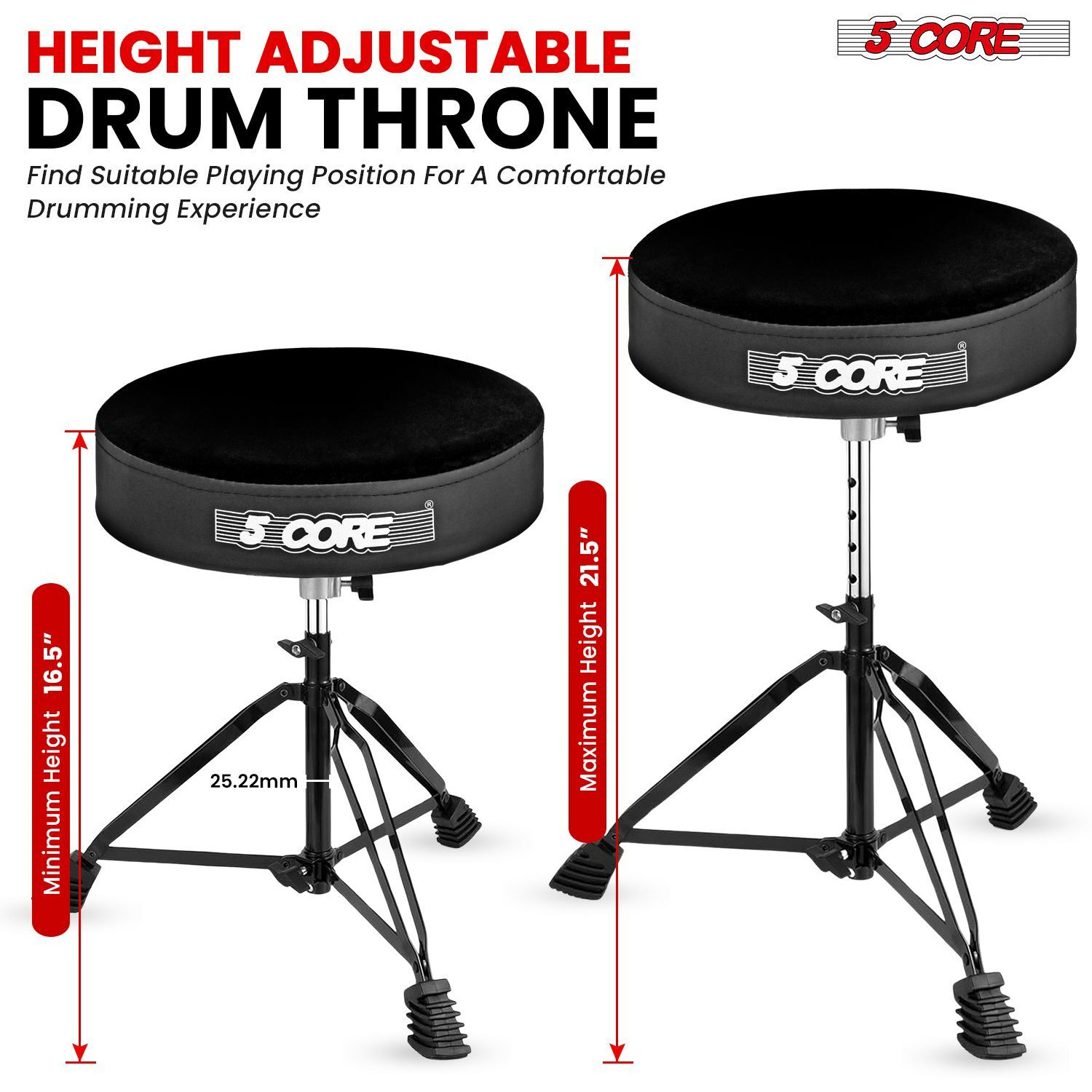 5 CORE Drum Throne Padded Guitar Stool Height Adjustable Music Chair Seat Universal for Adults & Kids with Anti Slip Rubber Feet - DS BLKCH VEL BLK